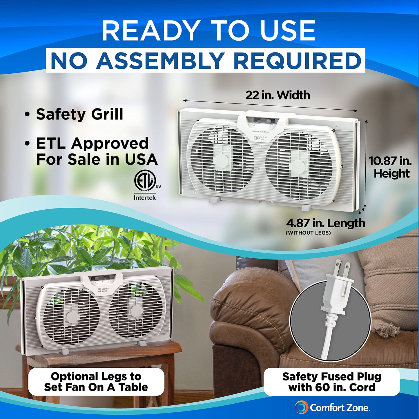 Comfort Zone Twin Window Fan with Reversible Airflow Control, 9 inch, Auto-Locking Expanders, 2 Speed Fan, Dual Fan, Exhaust, Airflow 9.84 ft/sec, Ideal for Home, Kitchen, Bedroom & Office, CZ319WT