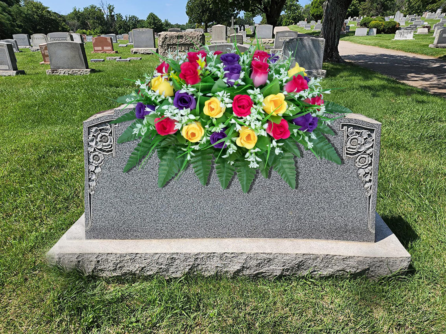 LVXINLI Artificial Cemetery Flowers Saddle-Shaped Tombstone Decorations Non-Fading UV-Resistant（Yellow+Purple+Brilliant Red Saddle）