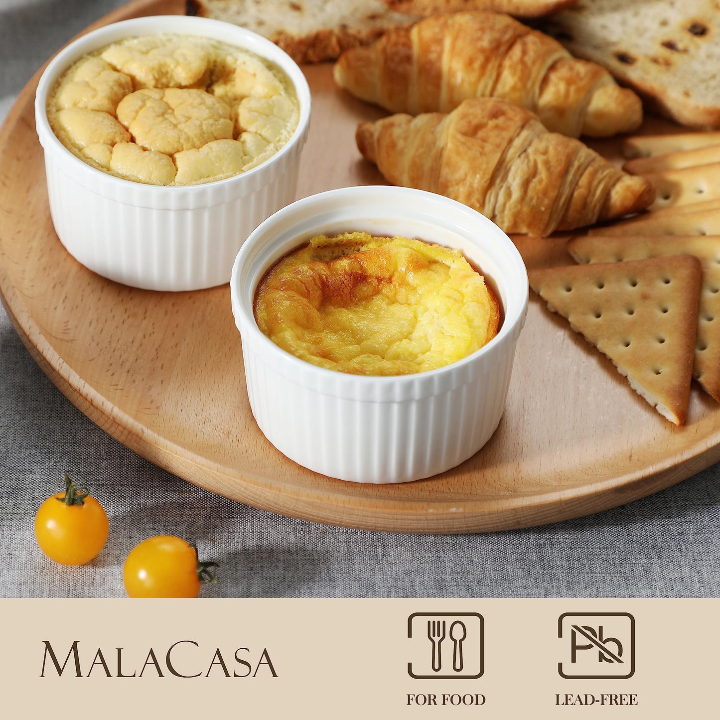 MALACASA Ramekins with Lids 8 oz - Set of 6, White Porcelain Creme Brulee Souffle Ramekins with Covers, Ceramic Custard Cups for Baking, Dishwasher and Oven Safe, Series RAMEKIN-DISH