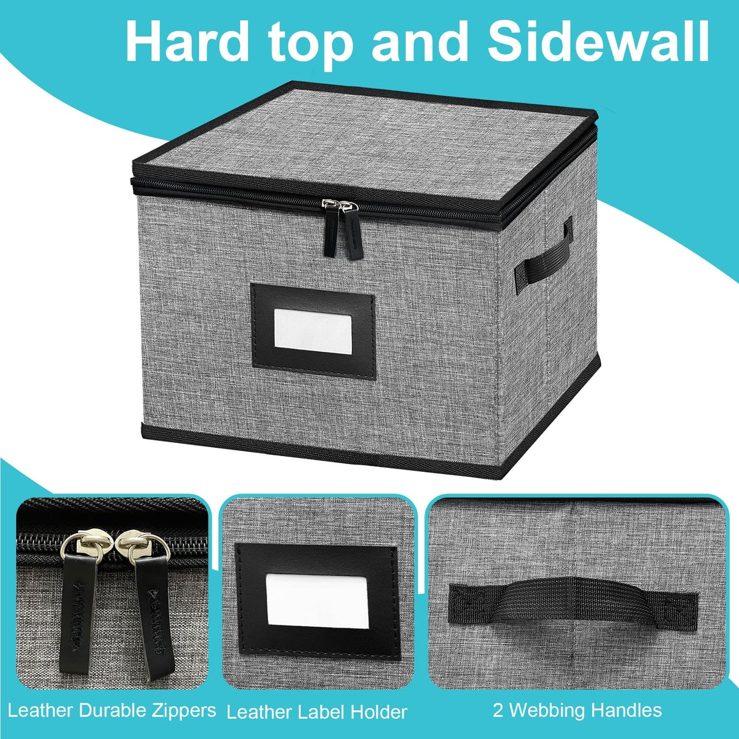 ouruer China Storage Containers-4PACK Quilted Dish Storage Containers with Lid Hard Shell for Moving Transport, Dinnerware,Stackable Plate Storage,24 Felt Plate Dividers Included,12 * 12 * 8in