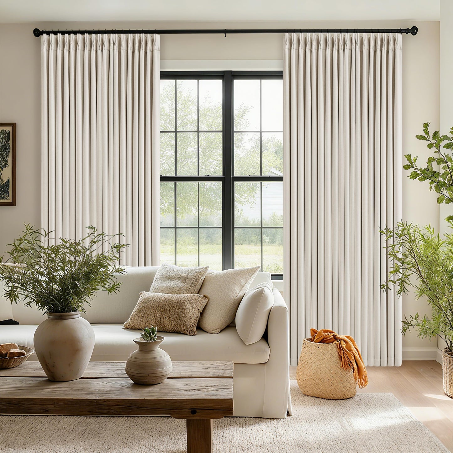 90 Inch Pinch Pleated Blackout Linen Curtains for Bedroom 2 Panels Memory Trained 100% Black Out Soundproof Room Darkening Natural Cream Ivory Birch Window Curtains Double Layer Pinch Pleat Drapes