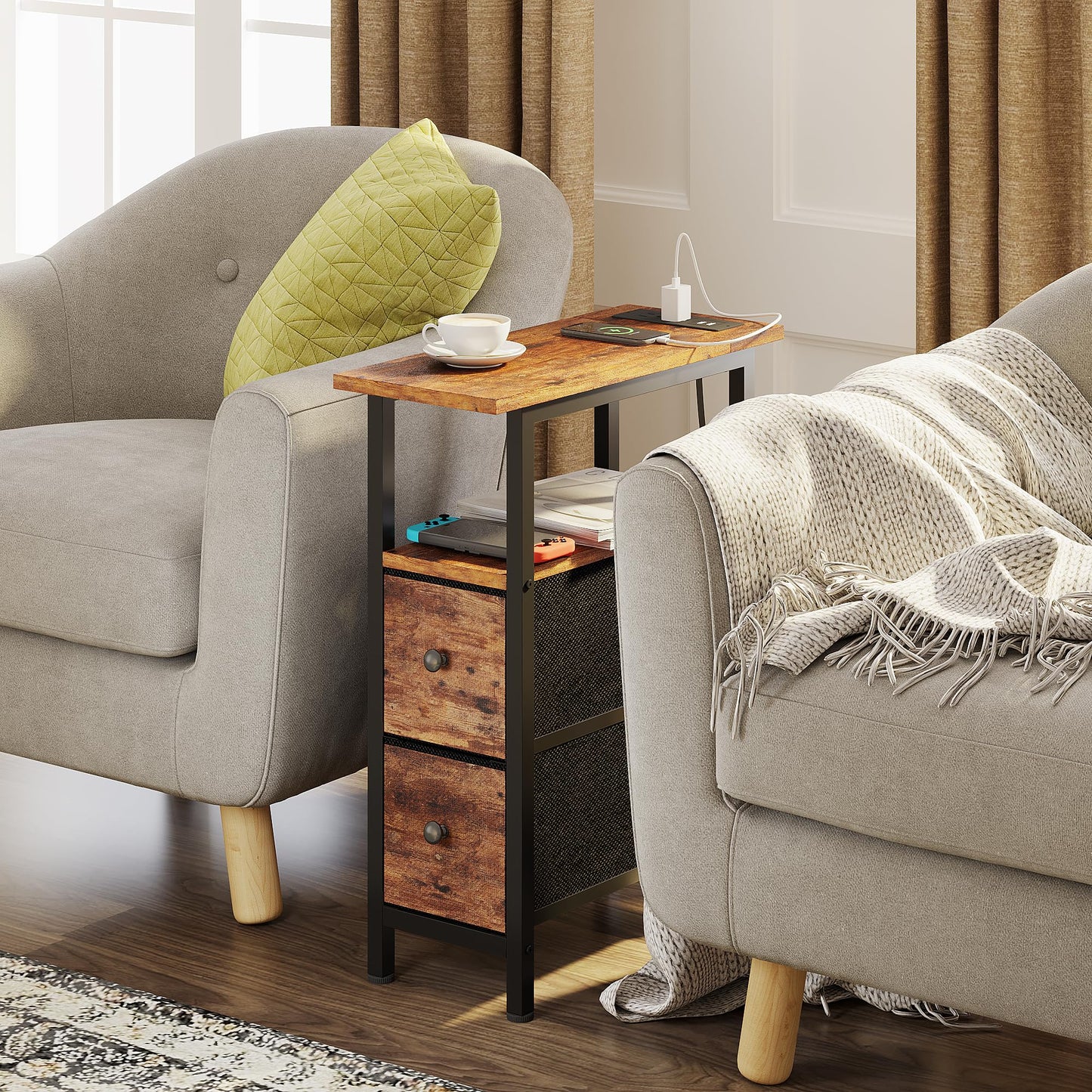 TRIFEBLE End Table with Charging Station, Narrow Side Table with 2 Fabric Drawers, Skinny Nightstand with LED Light, Slim Bedside Table for Bedroom, Living Room, Small Spaces, Rustic Brown