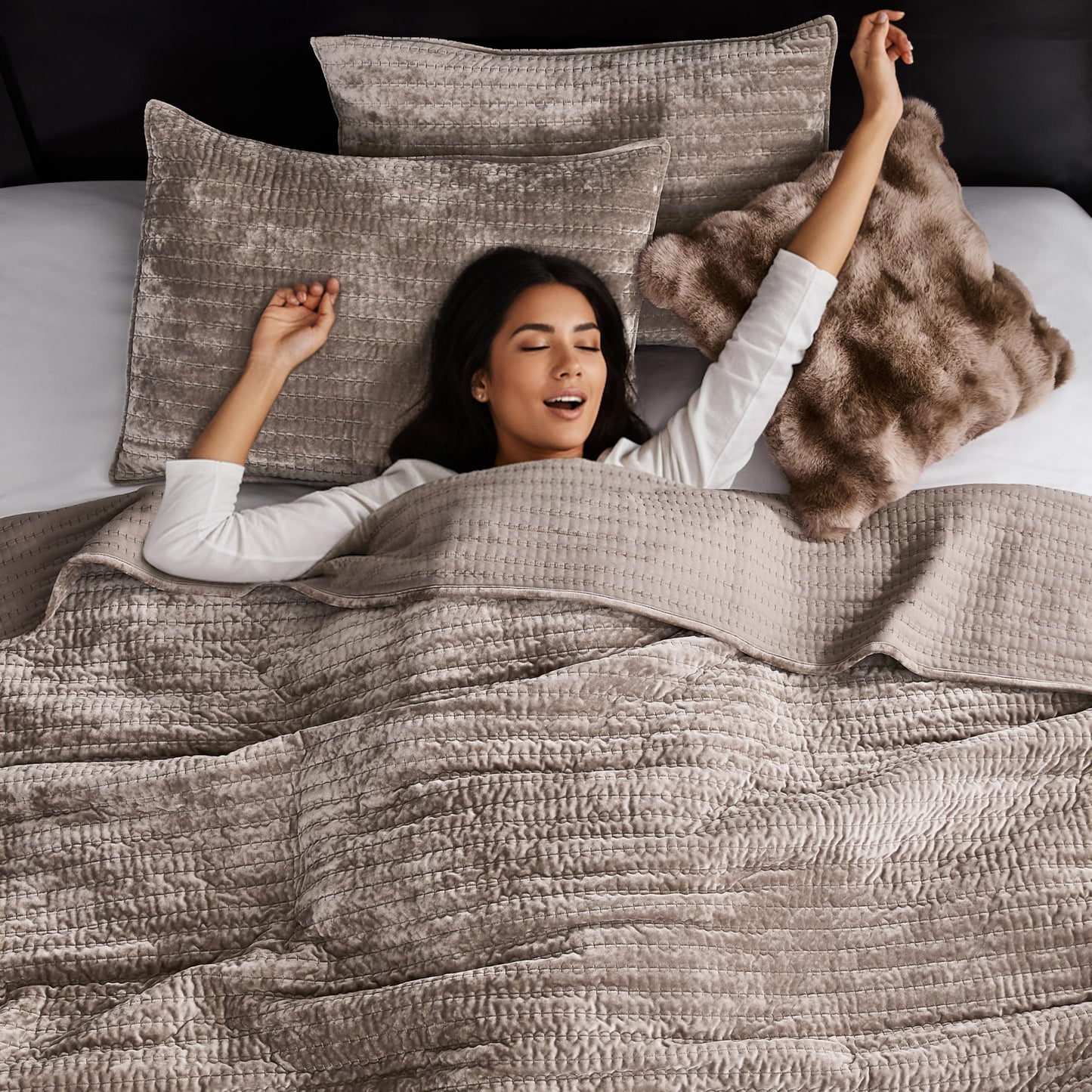 WDCOZY Velvet King Size Quilt Set - Brown Taupe Tan Camel Striped Pick Stitch Soft Lightweight Bedspread, Channel Farmhouse Country Rustic Coverlet, Modern Bedding Warm Thin Comforter, 3 Pieces