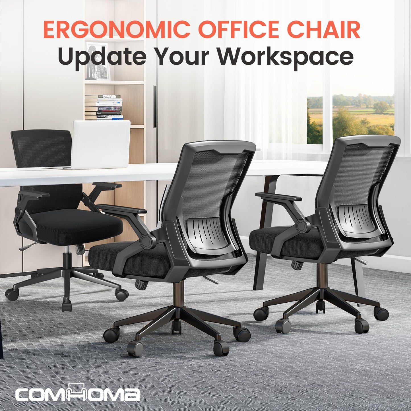 COMHOMA Office Chair with Flip-up Armrests Ergonomic Computer Desk Chair with Adaptive Lumbar Support & Breathable Mesh, Black