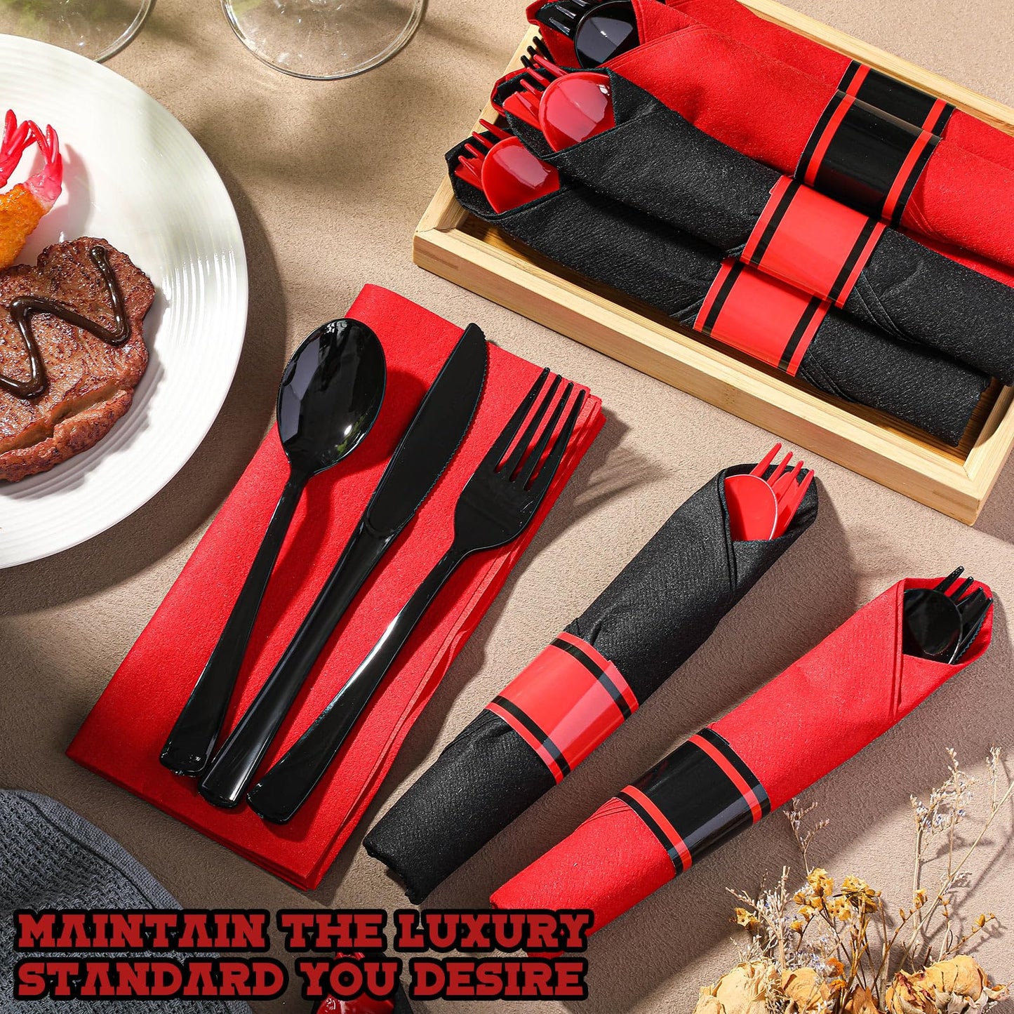Lasnten 200pcs Pre-rolled Red and Black Plastic Silverware Set for 50 Guest Disposable Plastic Cutlery Set with Napkins for 2026 Graduation Red and Black Birthday Party Retirement Party Supplies