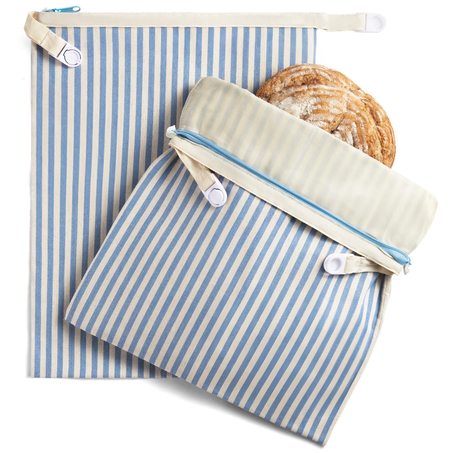 BRONYPRO Reusable Beeswax and Cotton Bread Bags with Zipper, 2-Pack Waxed Bread Bags for Homemade Bread & Sourdough, Sustainable Sourdough Loaf Storage to Lock in Freshness, Large 17x12.6in, Blue