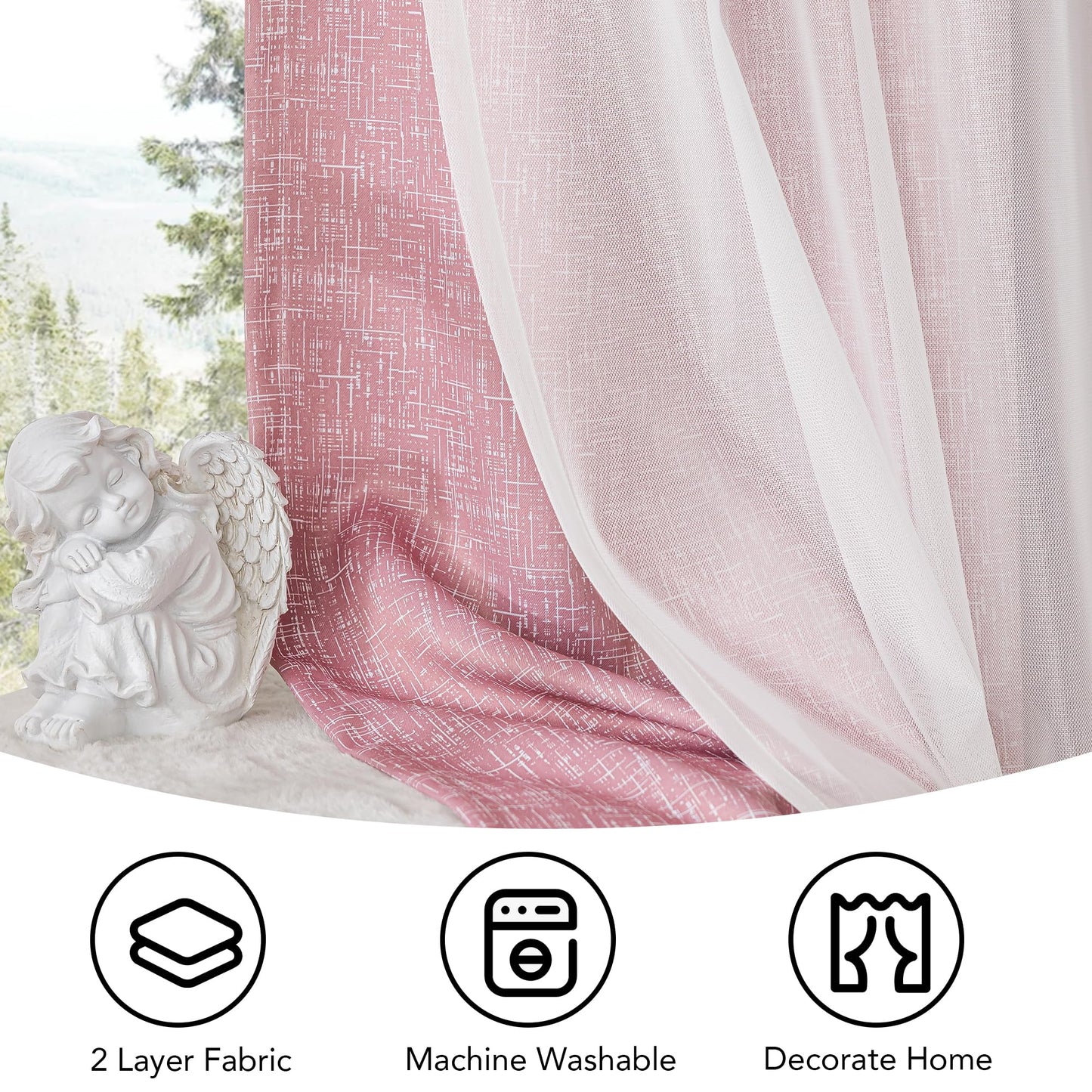 Geomoroccan Ombre 100% Blackout Curtains 84 Inches Long 2 Panels for Girls Bedroom Living Room Pink and White Double Layer Sheer Overlay Mix & Match Grommet Thermal Soundproof Drapes with Tiebacks