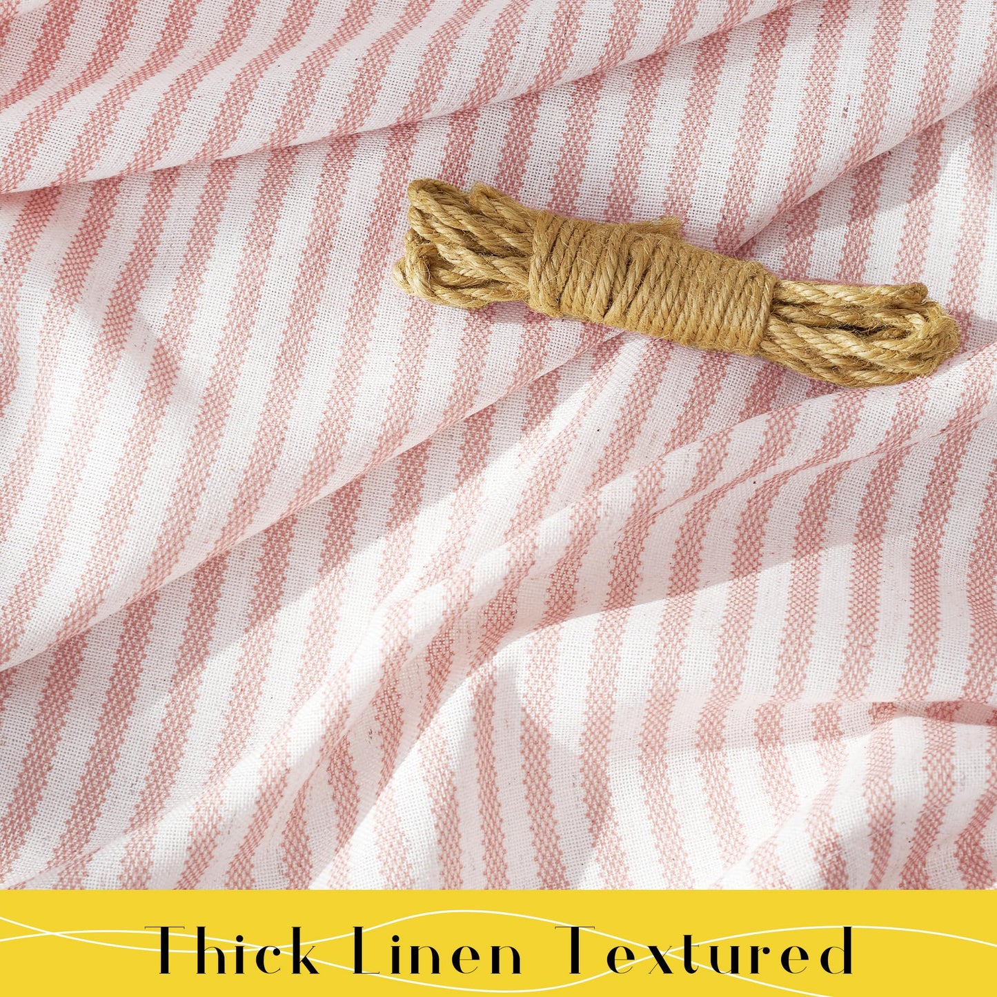 NICETOWN Pink Linen Curtains for Girls Room, Tie Top Stripe Pattern Light Filtering Semi Sheer Window Treatments DIY Crafted Privacy for Bedroom, W52 x L84, 2 Panels