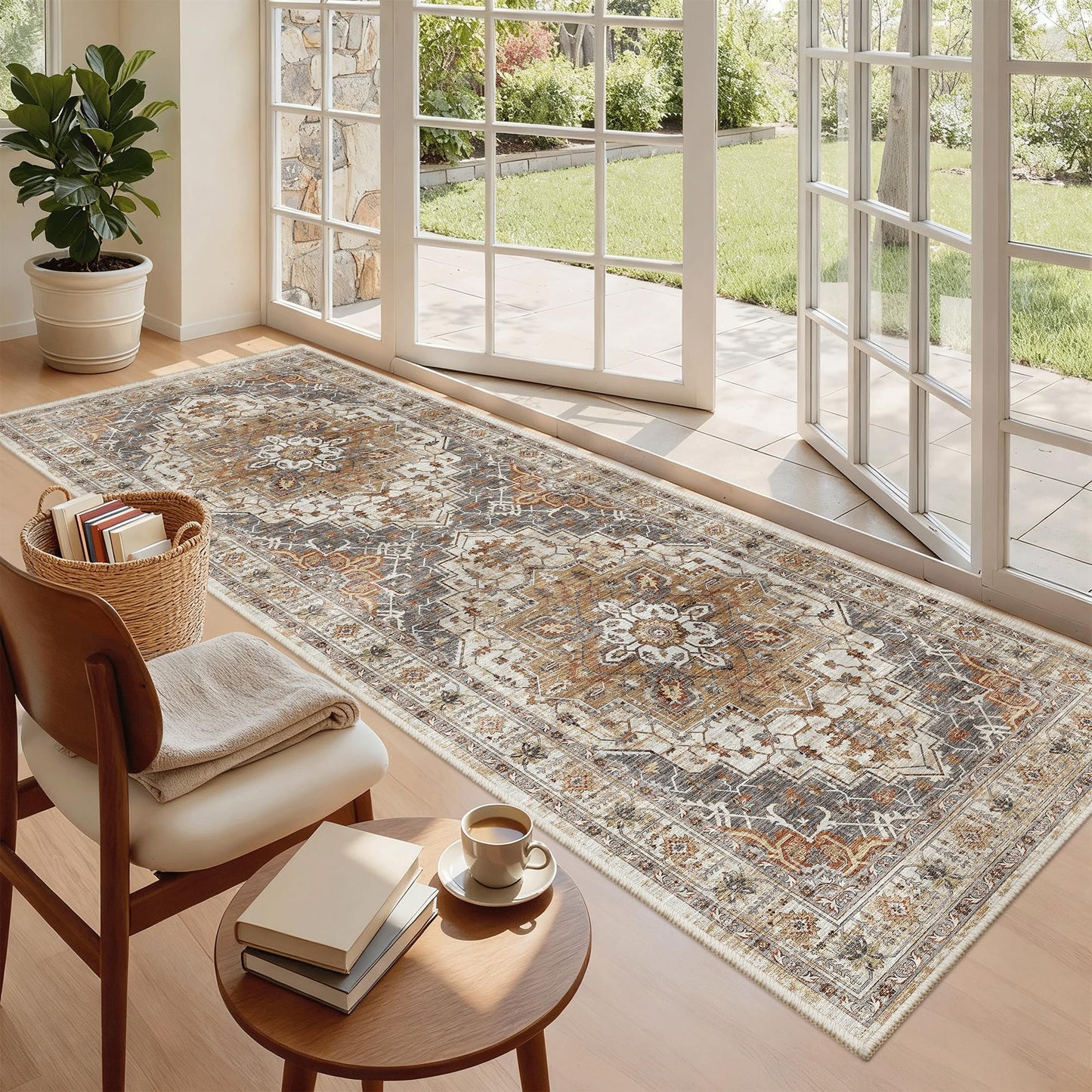 Madane Hallway Runner 3x8, Kitchen Rugs Washable Entryway Rug Vintage Kitchen Runners Non Slip Indoor Area Rug Farmhouse Carpet Runner for Bathroom Living Room Bedroom (3 X 8, Turmeric/Grey)