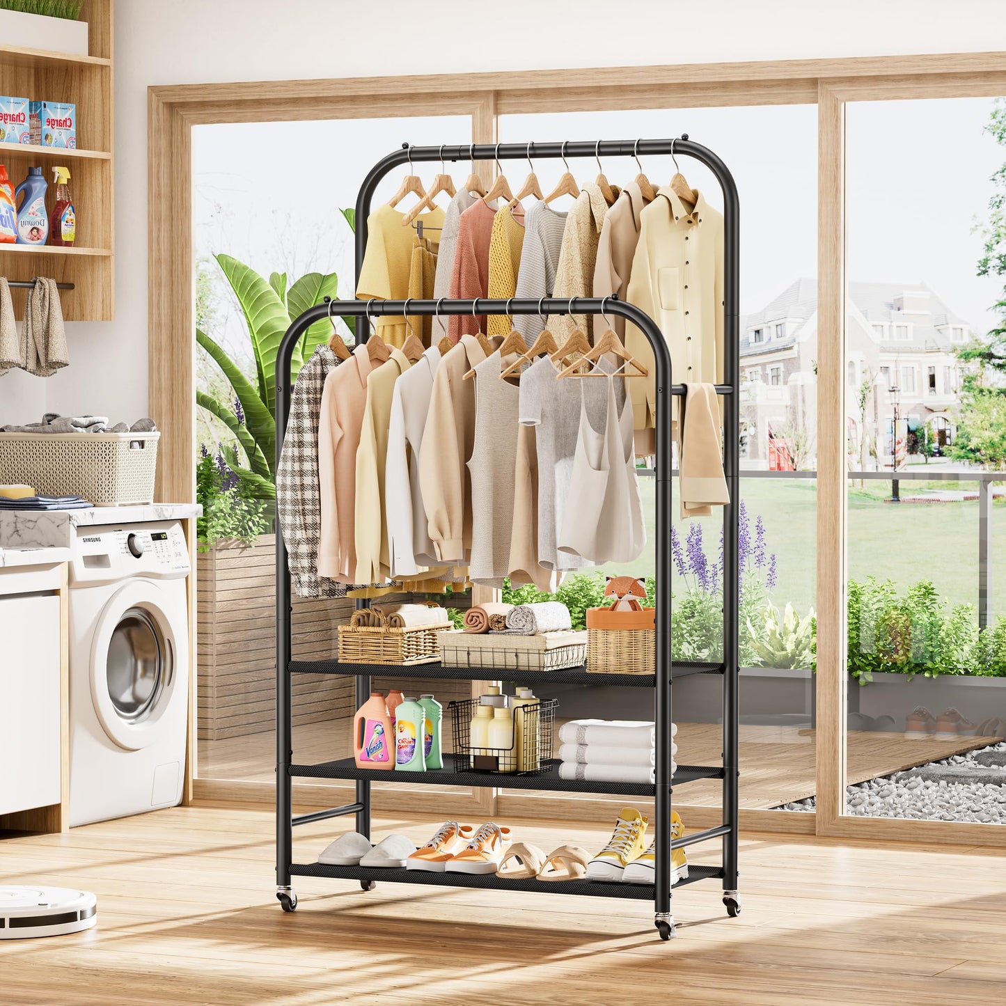 HOMIDEC Double Rods Clothes Rack Clothing Rack with 3 Tier Storage Shelves Clothes Rack for Hanging Clothes Multifunctional Clothes Organizer Bedroom,Wardrobe Closet,Shop,Black