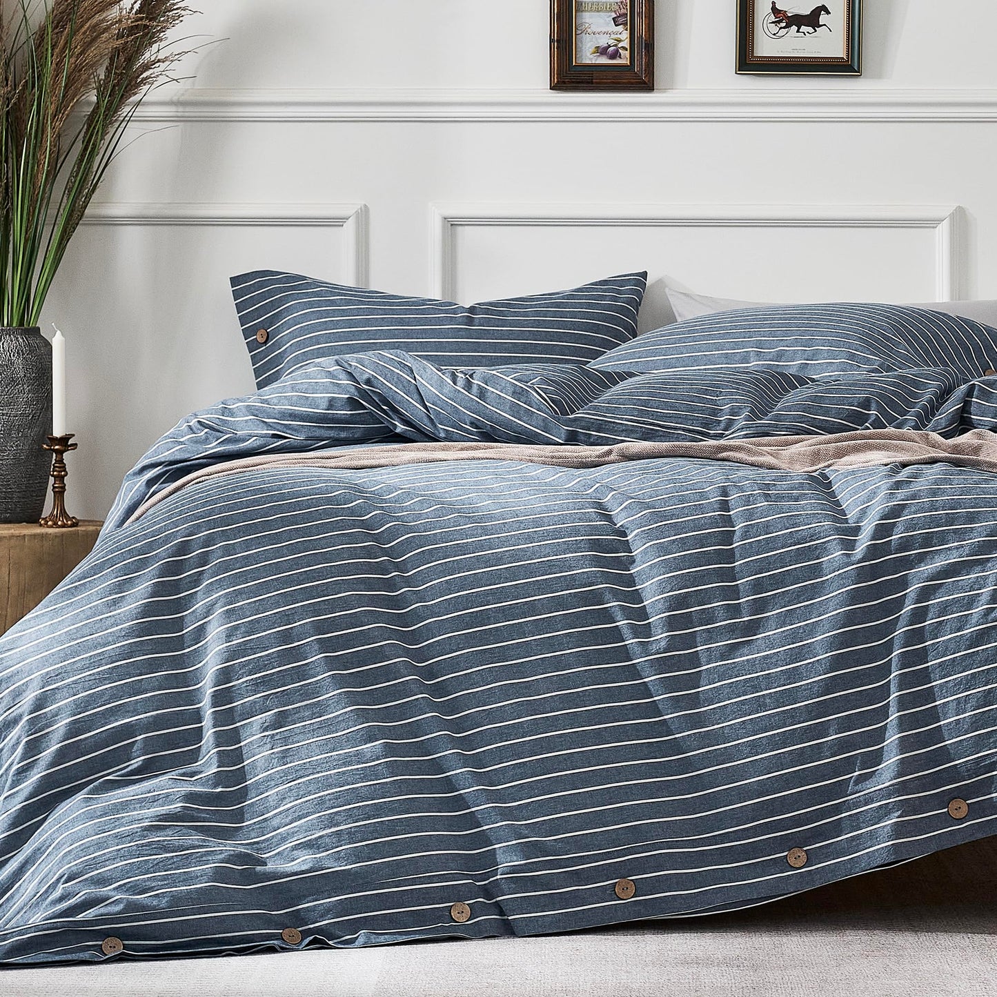 JELLYMONI Washed Cotton Duvet Cover Queen Size – Breathable & Cozy Bedding Set for Modern Homes, Dorms & Guest Rooms, Blue Striped Comforter Cover with Button Closure, 1 Duvet Cover & 2 Pillowcases