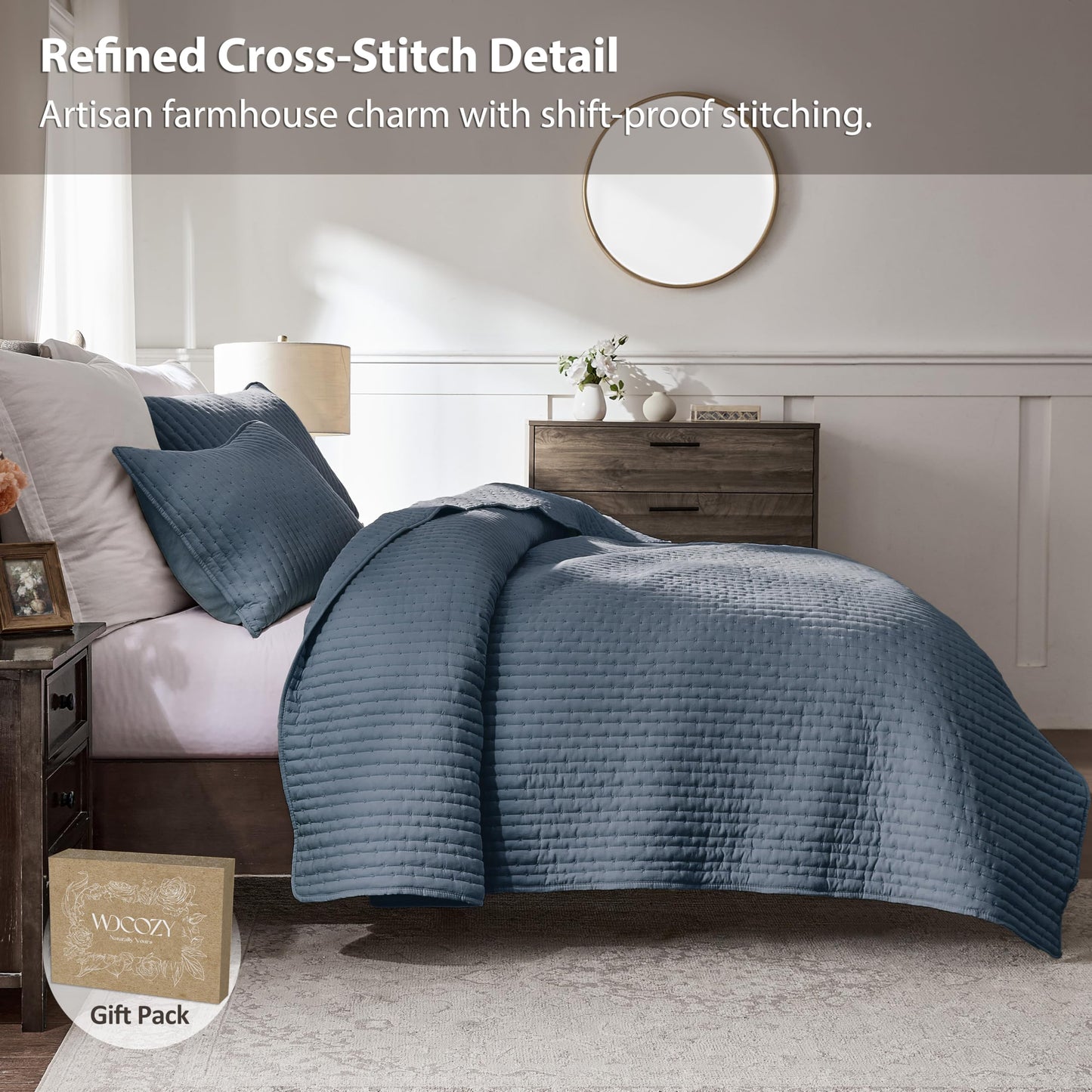 WDCOZY Blue Cross Stitch California Cal King Size Quilt Set, Oversized Striped Lightweight Soft Bedspread, Channel Farmhouse Rustic Coverlet, All Season Country Bedding, Thin Comforter