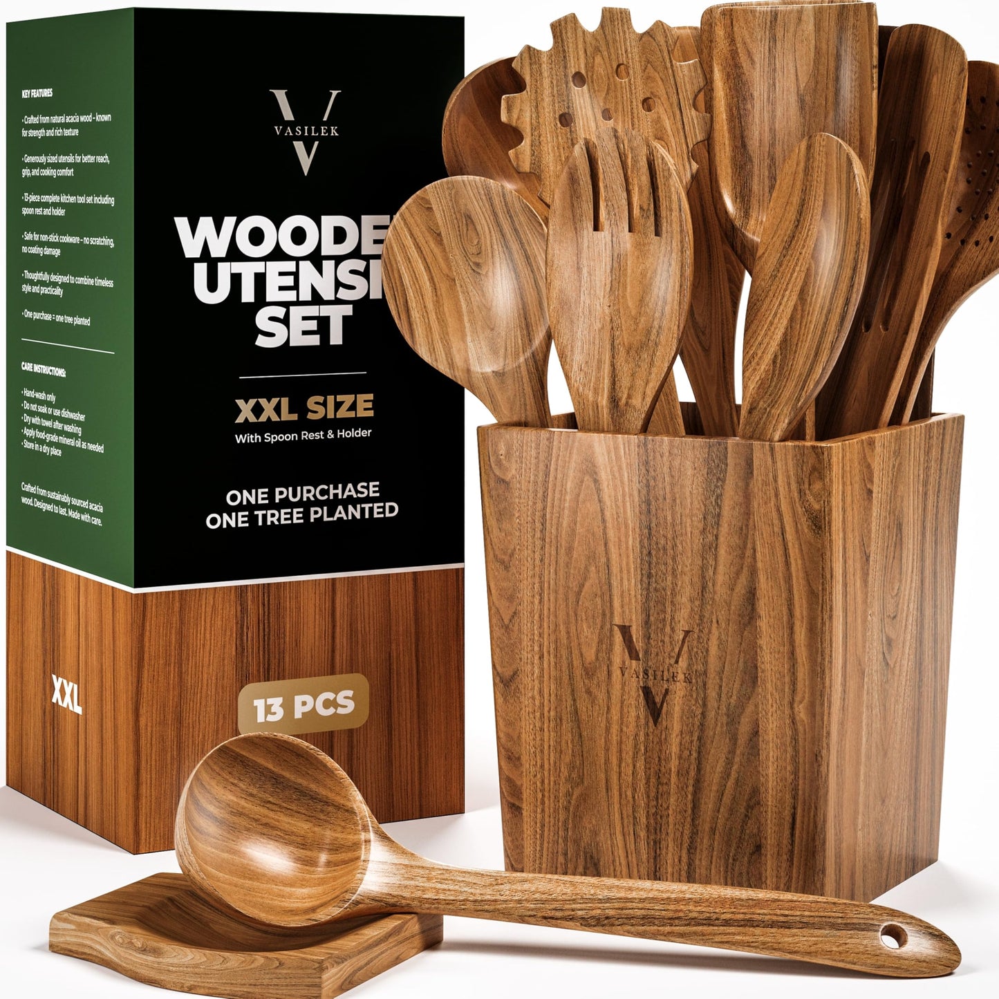Vasilek Wooden Utensil Set XXL – 13 Piece Acacia Wood Cooking Tools with Square Holder for Nonstick Cookware with Holder & Spoon Rest – Wooden Spoons for Cooking, Spatula, Spurtle