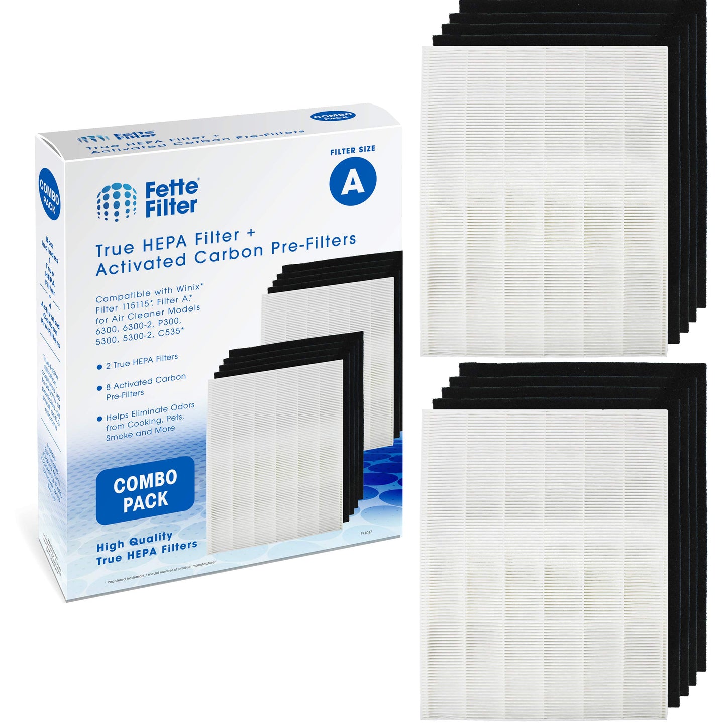Fette Filter - 2 Filter + 8 Carbon Filter 115115 Premium HEPA H13 Filter Compatible with Winix Filter A 115115 Size 21 Plasma Wave Air Purifier AM90 P300 5300 5500 5300-2 6300-2 6300 C909 9800 C535.