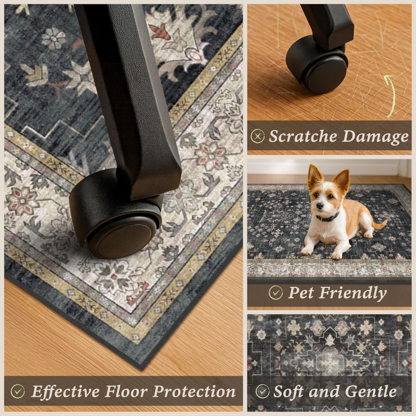 4x5 Black Boho Office Chair Mat for Hardwood & Tile Floor, Floor Protector for Heavy Duty Office Chair, Low Pile & Ultra Soft Under Desk Carpet, Non Slip Rubber Backing, Machine Washable Area Rug