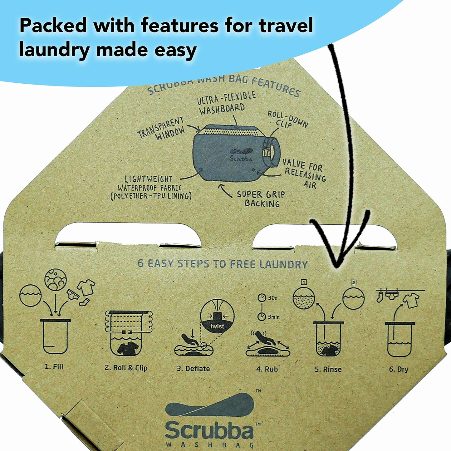 Scrubba Wash Bag - Patented Washboard-in-a-Bag™ Portable Manual Washing Machine for Travel, Camping, Backpacking & Cruise - Pack Light, Wash Clothes Anywhere in Minutes (5.3 oz)