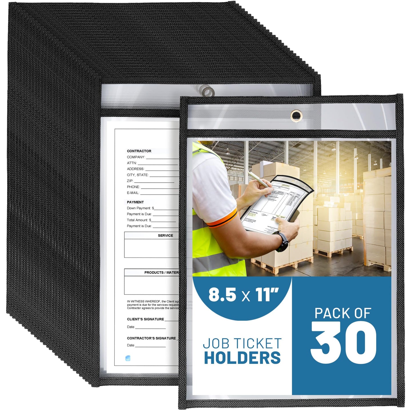 30 Pack Job Ticket Holders 8.5x11 - Work Order Plastic Sleeves for Documents - 8 1/2 x 11 Shop Ticket Holders - Heavy Duty Sheet Protectors - Dry Erase Pocket Sleeves - Dry Erase Clear Pocket Sleeve