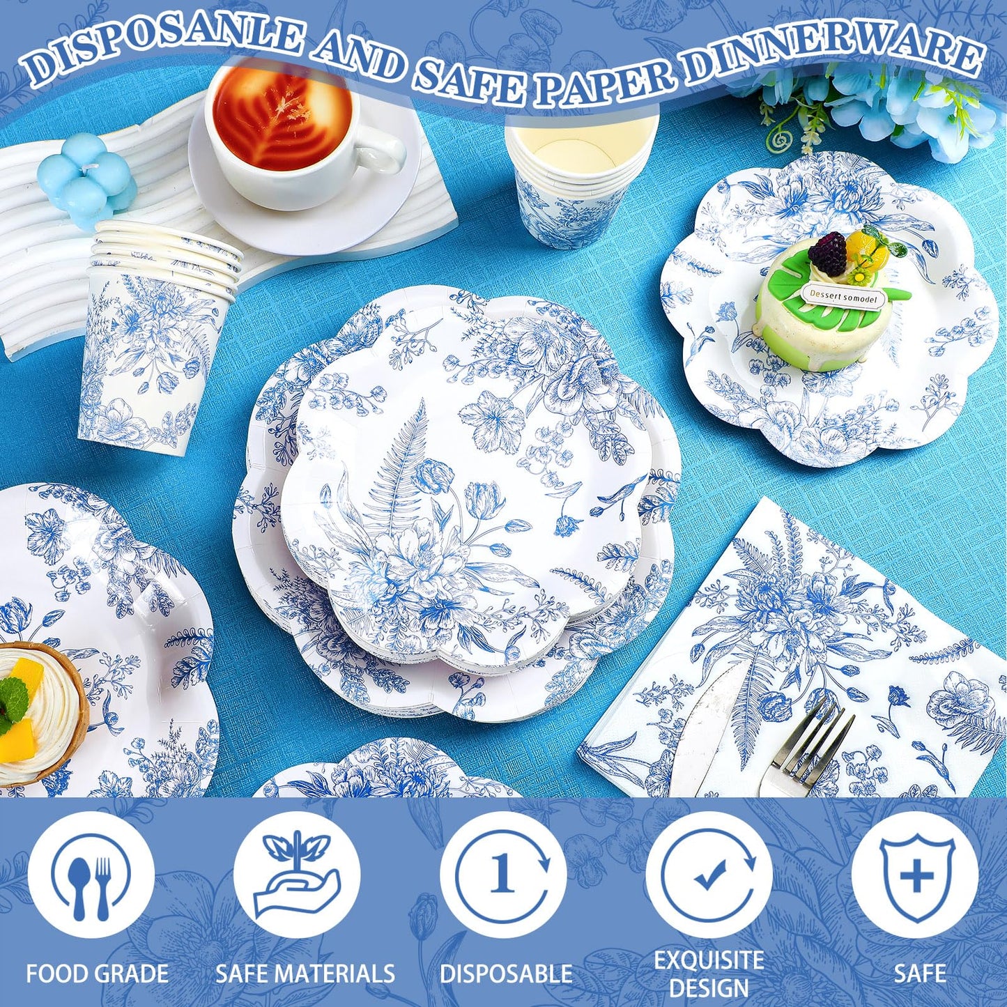 Newtay 250 Pcs Blue Floral Disposable Plates and Napkins Blue and White Floral Paper Tableware Set for 50 Guests Paper Plates Napkins Cups for Wedding Bridal Shower Party Supplies