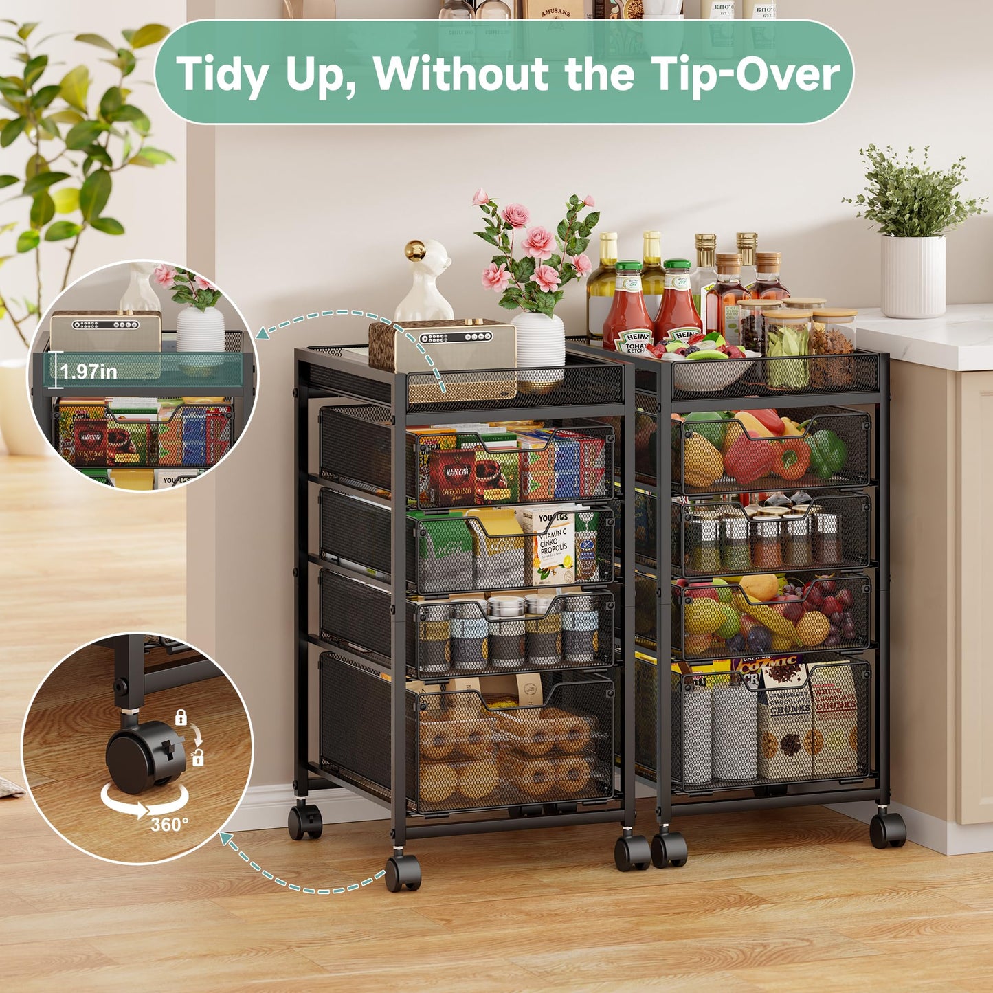 keomaisyto 5-Tier Kitchen Storage Cart with Top Basket & Drawers, Fruit and Vegetable Storage Rack on Wheels, Metal Rolling Cart with Drawers & Kitchen Organization for Snacks, Potatoes, Onions, Cans