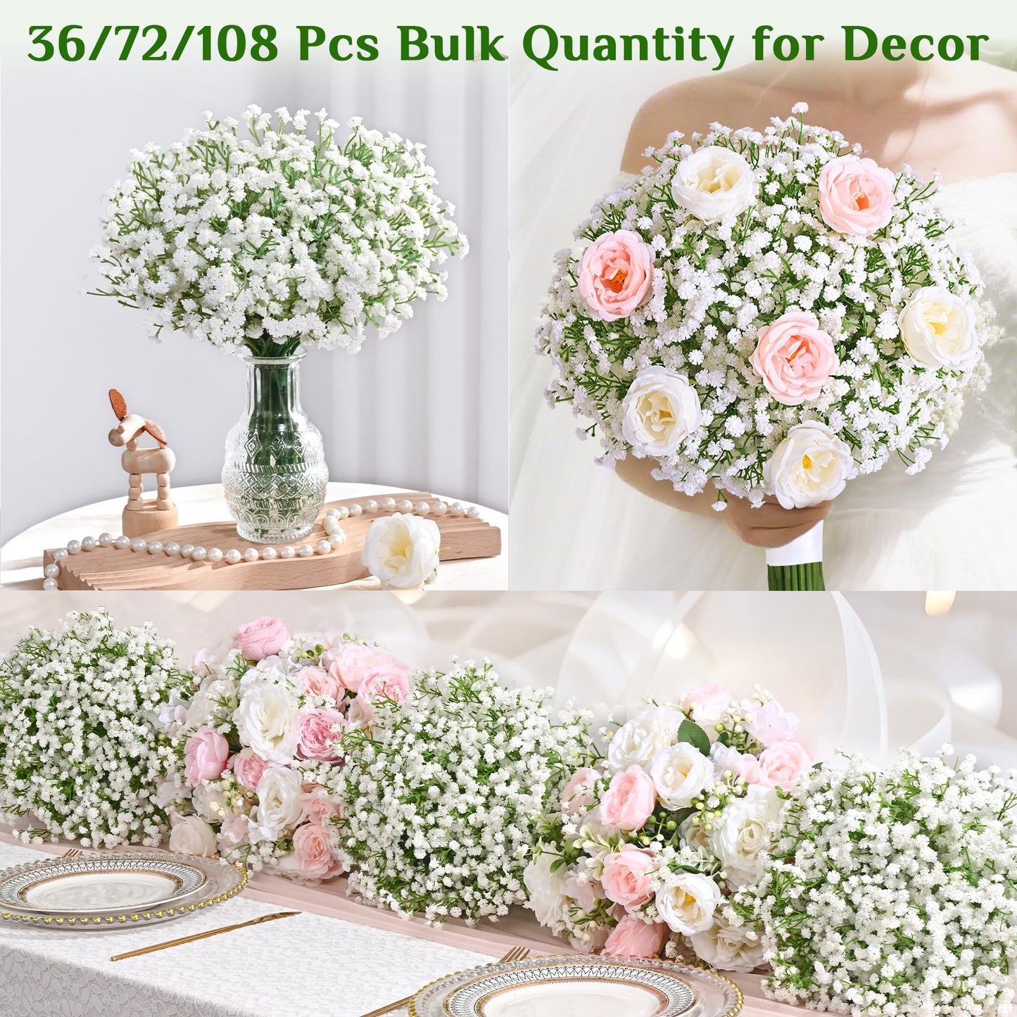 MARTINE MALL 36 Pcs Babys Breath Artificial Flowers, White Baby Breath Flowers Artificial Bulk Real Touch Fake Babys Breath Flowers Faux Gypsophila for Wedding Party Home Floral Arrangement Decor