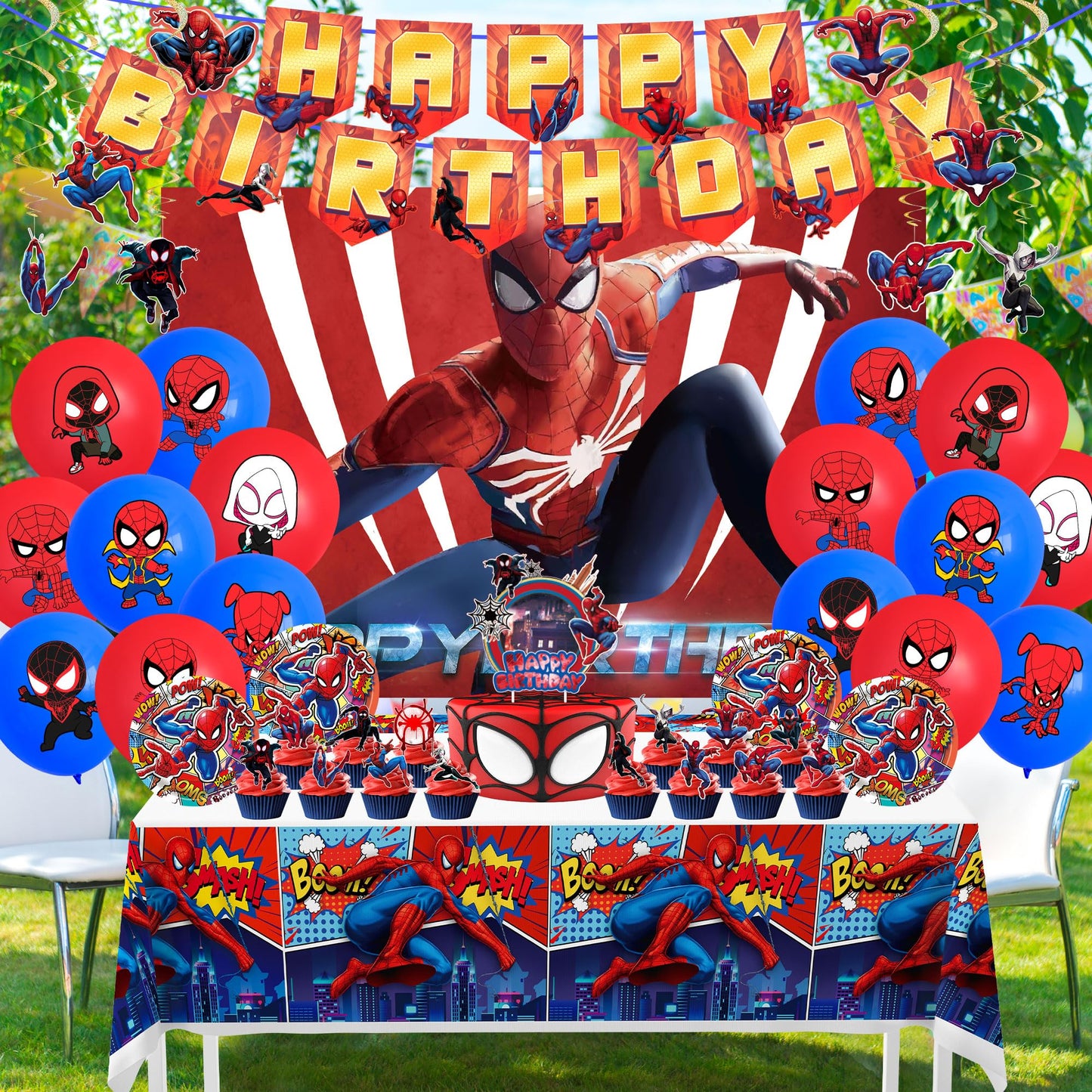 Birthday Party Supplies,Party Decorations Include Happy Birthday Banner,Backdrop,Tablecover,Cake Toppers,Cups,Plates,Spiral Charms,Latex Balloons
