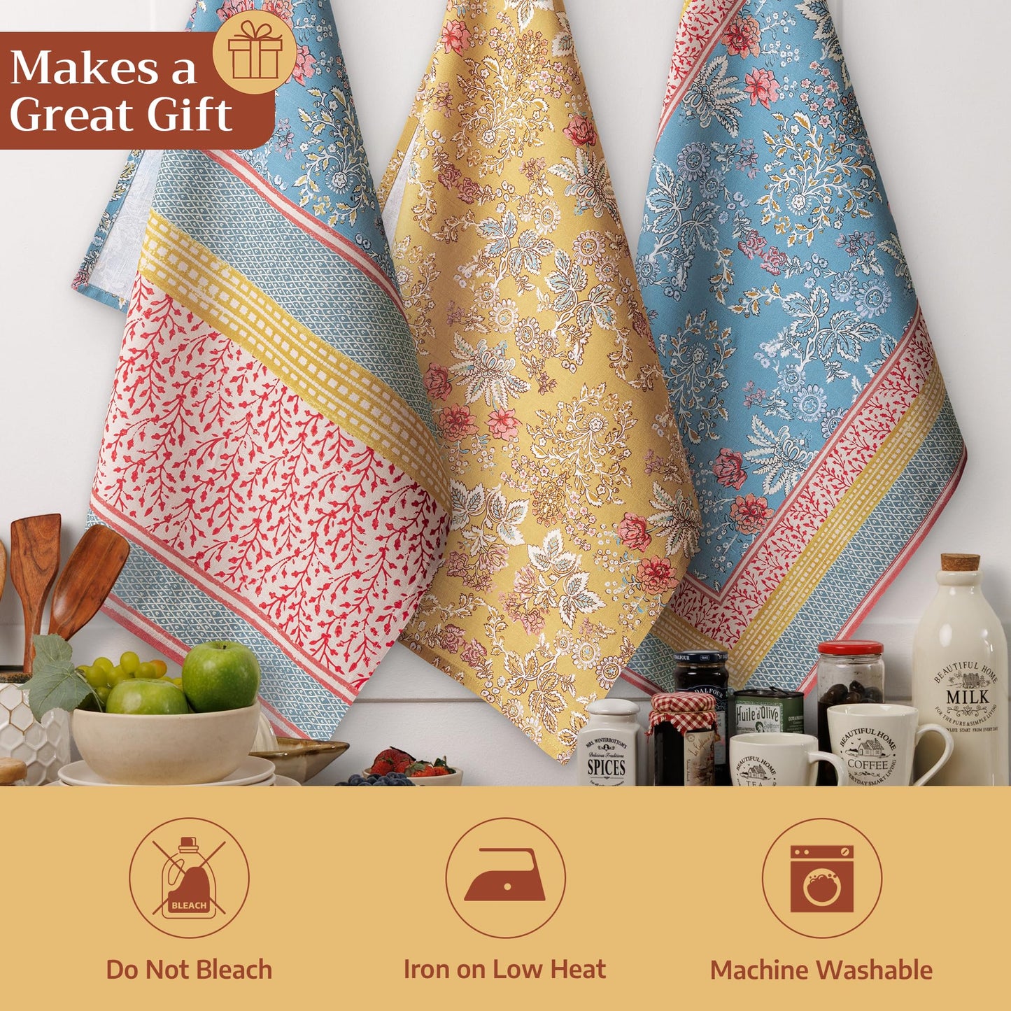 Maison d' Hermine Kitchen Towels Set of 3 100% Cotton 27.50" x 20" Reusable Cloth Tea Dish Towels Absorbent with Hanging Loop for Kitchen Farmhouse Hotel Spring Summer - Marquise