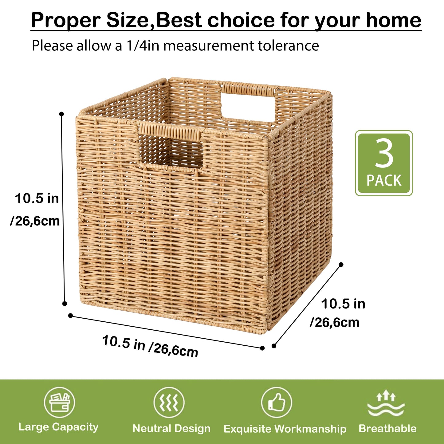 10.5 x 10.5 in Plastic Wicker Baskets for Cube Storage, Collapsible Square Wicker Storage Basket Set of 3, Rattan Storage Cube, Square Baskets for Shelves - Khaki