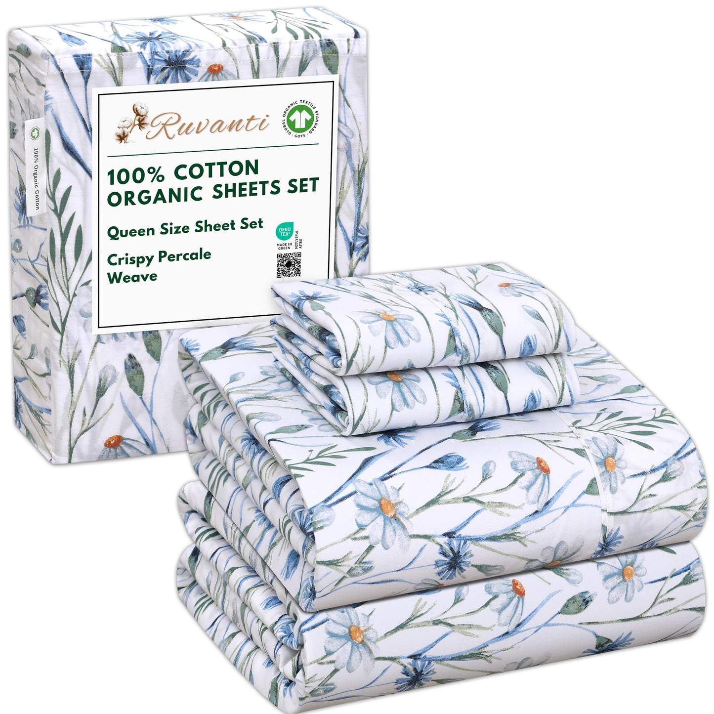 RUVANTI 100% Cotton Organic Percale Sheets Queen Size – Crisp Cooling Bed Sheets for Hot Sleepers, Deep Pocket 15”, Soft Peach Finish, Breathable & Durable Hotel-Style 4 Pcs, Daisy Bud