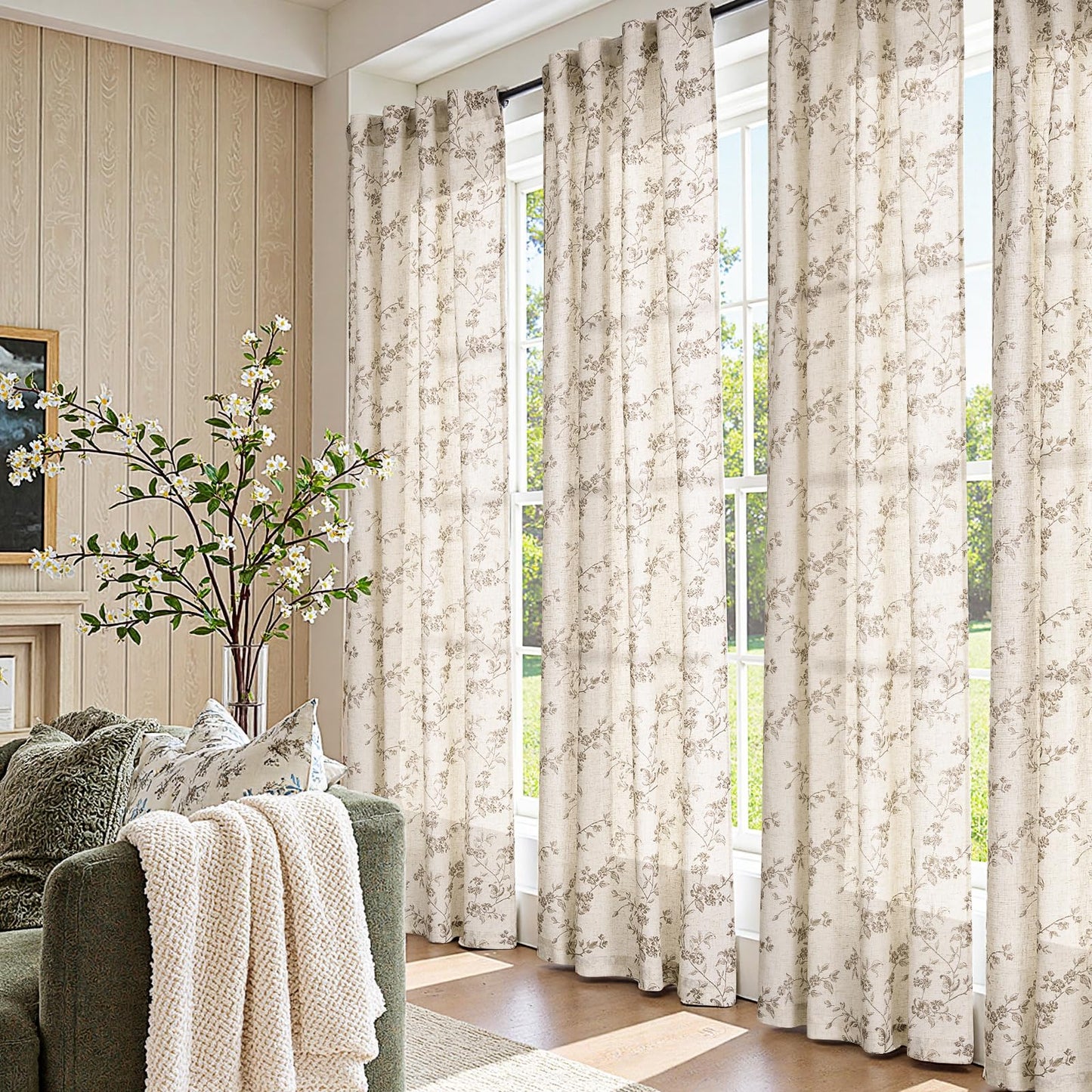 jinchan Linen Floral Curtains 84 Inch Farmhouse Country Flower Drapes Rustic Window Curtains Light Filtering for Living Room Bedroom Laundry Back Tab 2 Panels Taupe on Beige