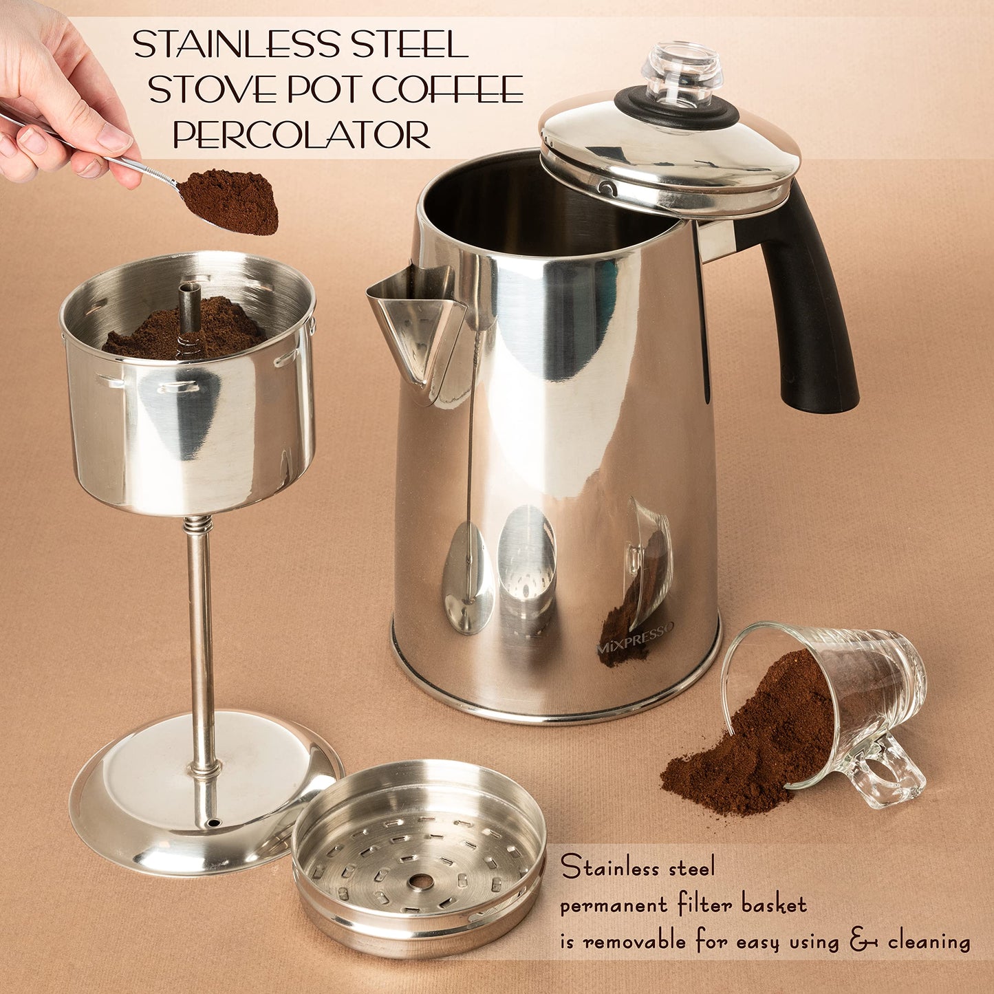Mixpresso Stainless Steel Coffee Percolator Stovetop, 52 oz Classic Percolator Coffee Pot, Great For Camping Pot, 12 Cup Stove Top Espresso Maker, Cool-Touch Handle