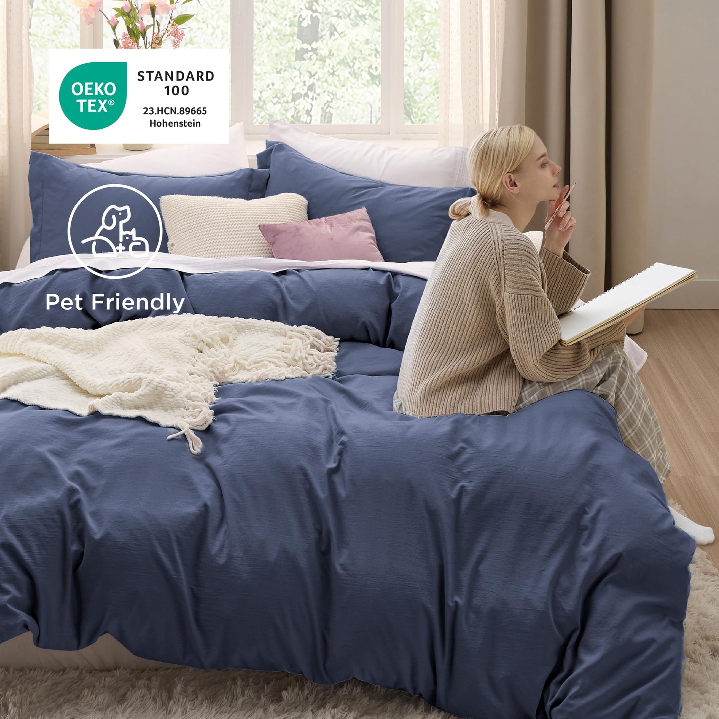 Bedsure Navy Blue Oversized King Duvet Cover - 3 Pieces Prewashed Cotton-Like Polyester Extra Soft Bedding Set, Includes 1 Duvet Cover 120x98 Inches with Zipper Closure & 2 Pillow Shams, No Comforter