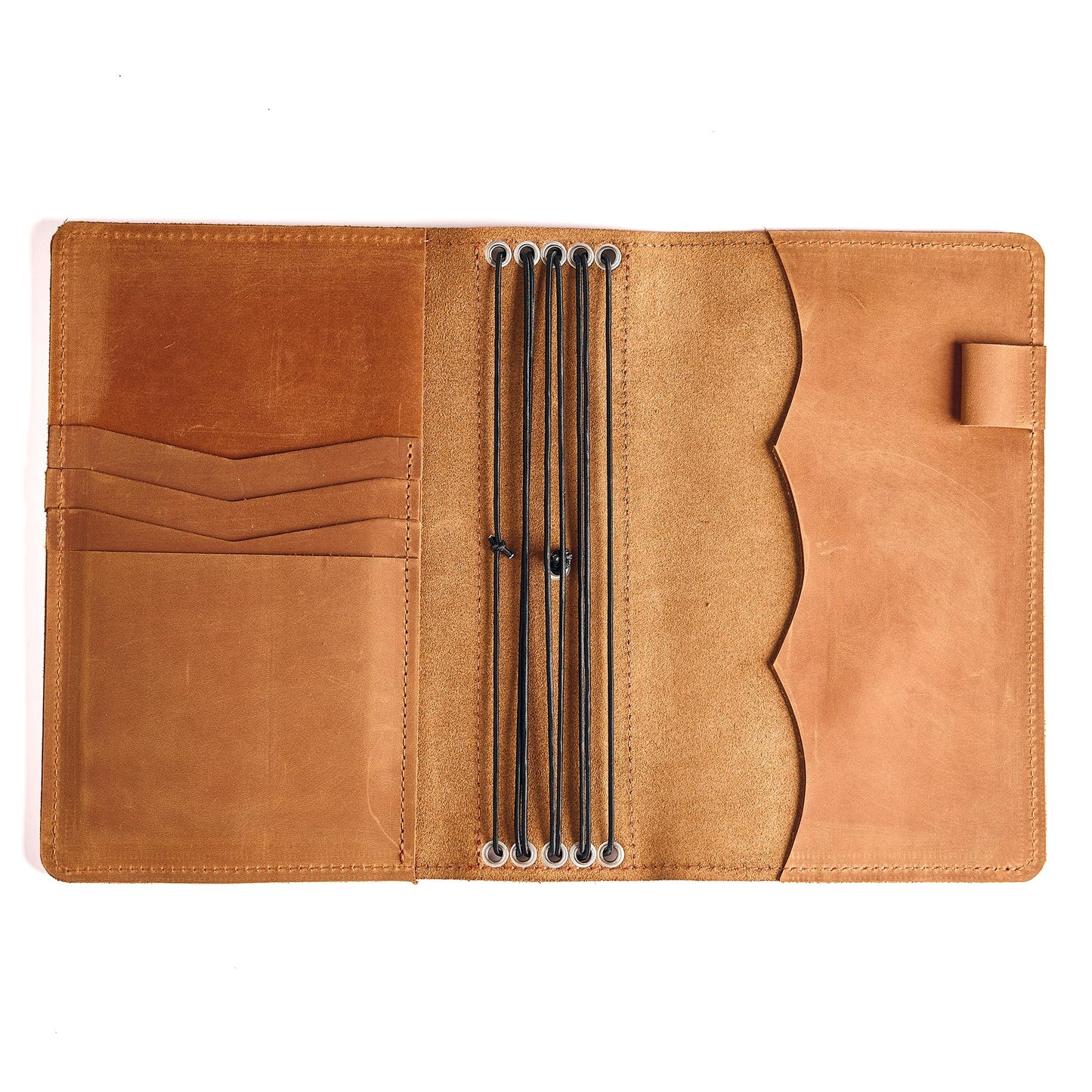 TORAKIP Leather Travel Notebook Cover A5 – Refillable Journal Organizer with 5 Elastic Bands, Pen Holder & Interior Pockets, Genuine Leather Planner Cover for Writing (Notebook Not Included), Caramel Brown