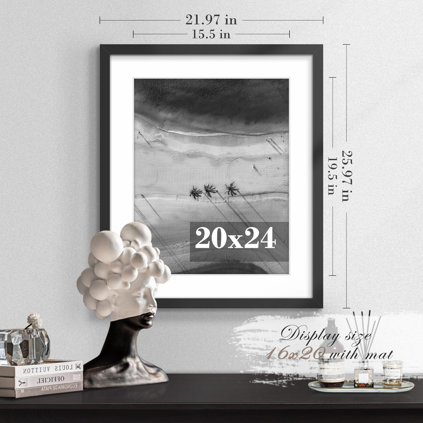 PEALSN 20x24 Picture Frame Set of 2, Display Pictures 16 x 20 with Mat or 20 x 24 without Mat for Wall Mounting Display, Poster Frames, Black