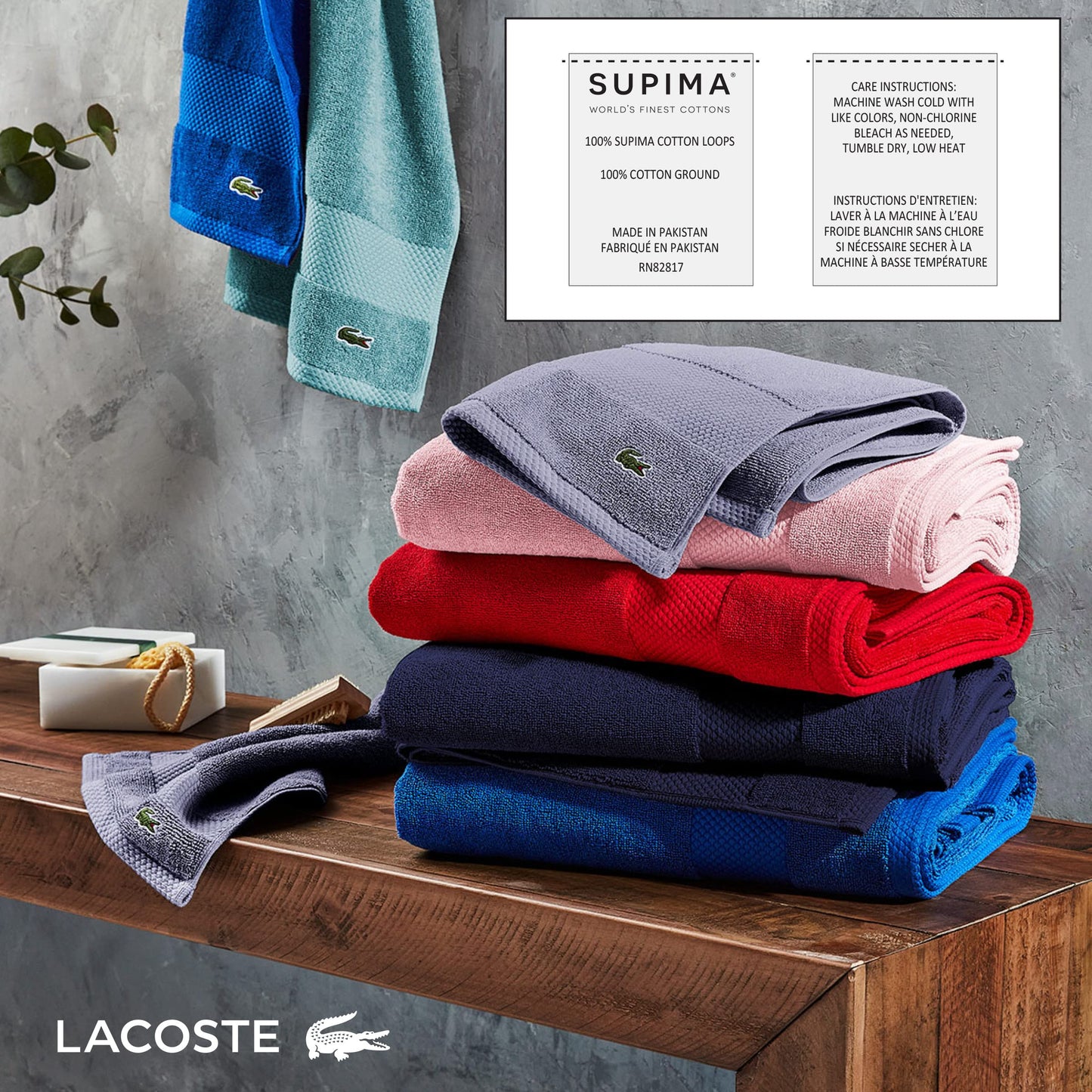 Lacoste Heritage Anti-Microbial Supima Cotton Hand Towel, Magenta, 16" x 30" – Absorbent & Quick Drying, Premium Super Soft Bath Towel, Bathroom Essential, Gift for All Occasions, Machine Washable