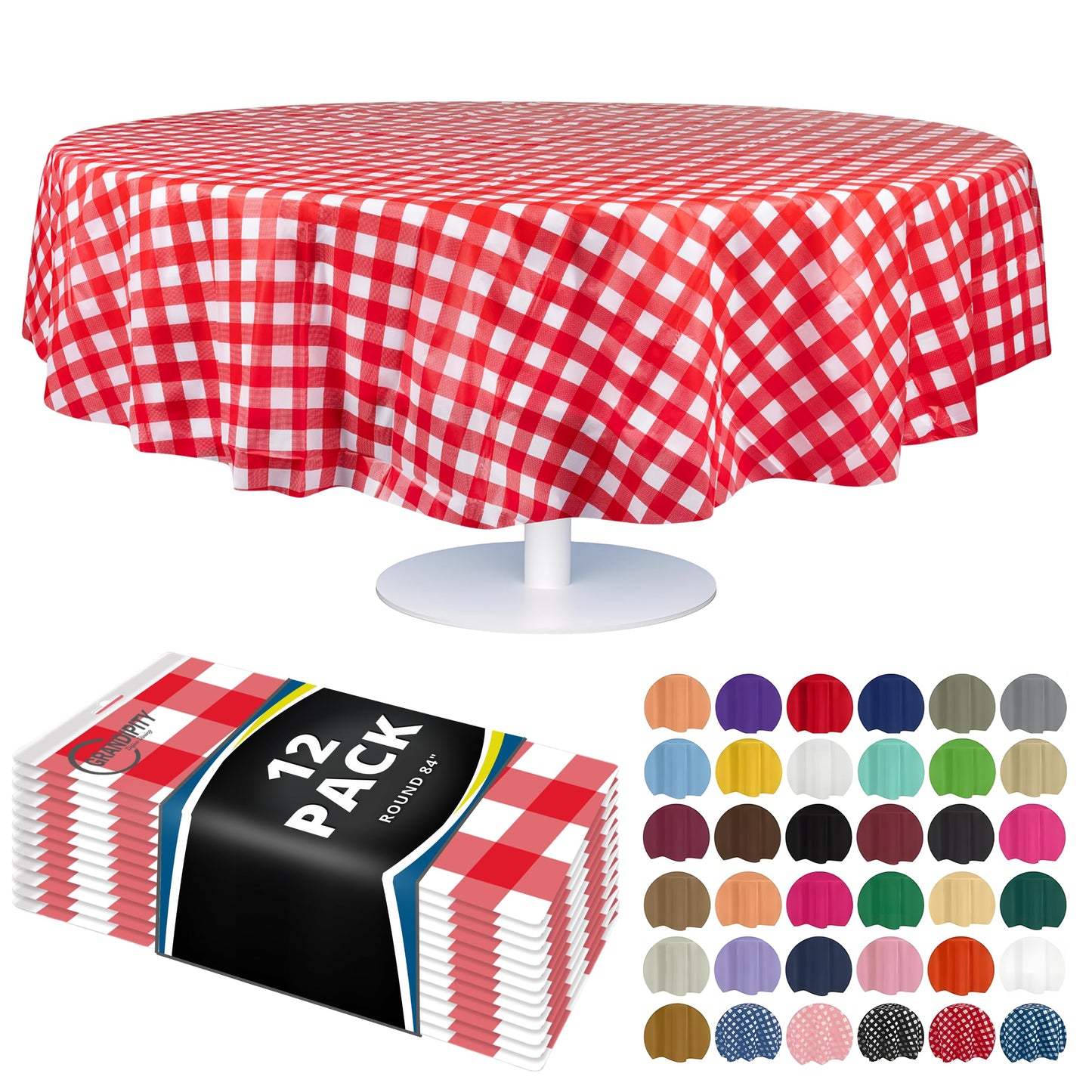Grandipity 12 Pack Premium Disposable Plastic Picnic Tablecloth 84" Inch Decorative Round Table Cover - Red Checkered Gingham