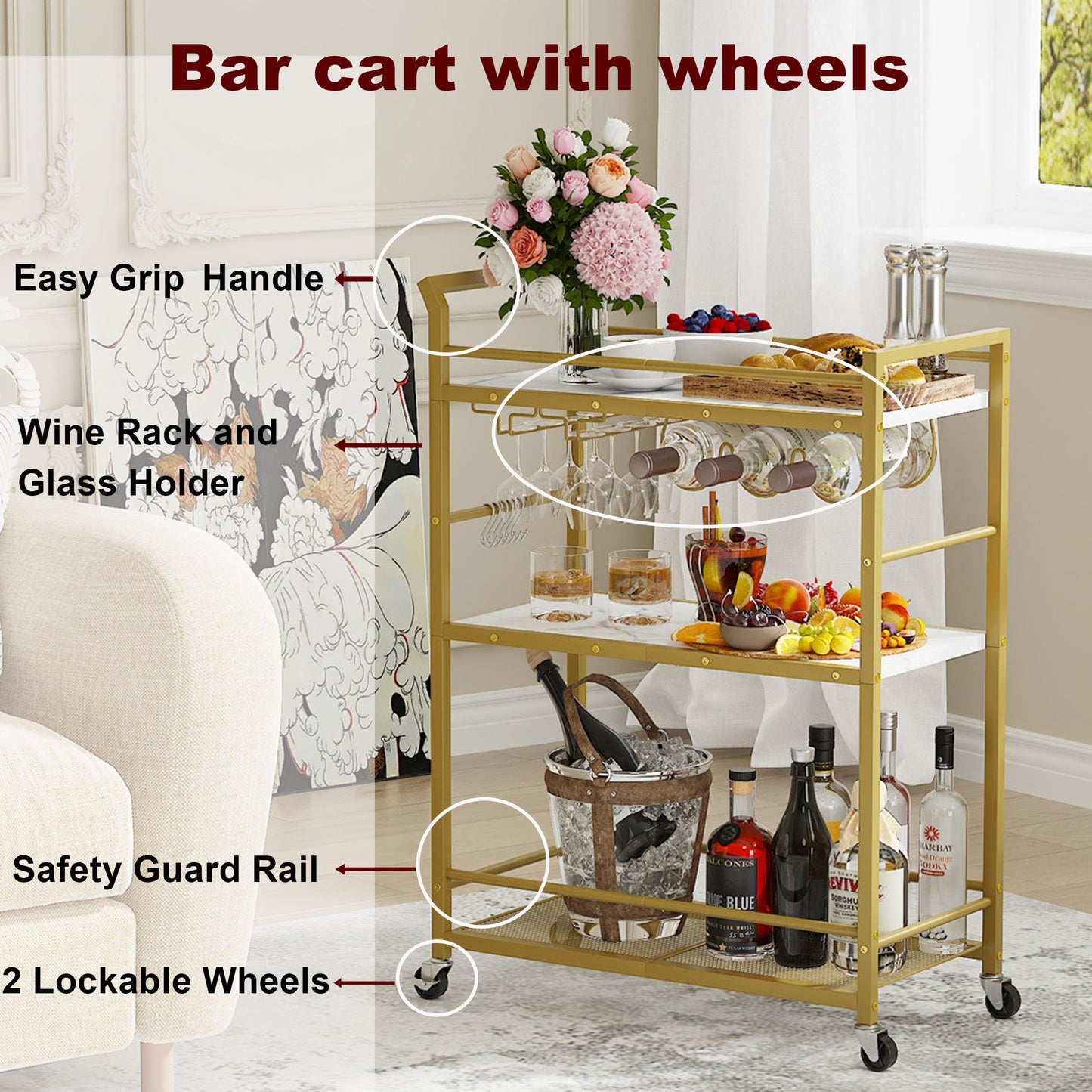 YAUKTAK 3 Tier Bar Cart, Small Beverage Cart, Mini Bar Cart with Wine Rack, Compact Mini Bar Cart - Please Refer to the Exact Dimensions for Usage Matching Dimensions: 22" W × 13" D × 35.8" H GBC507G