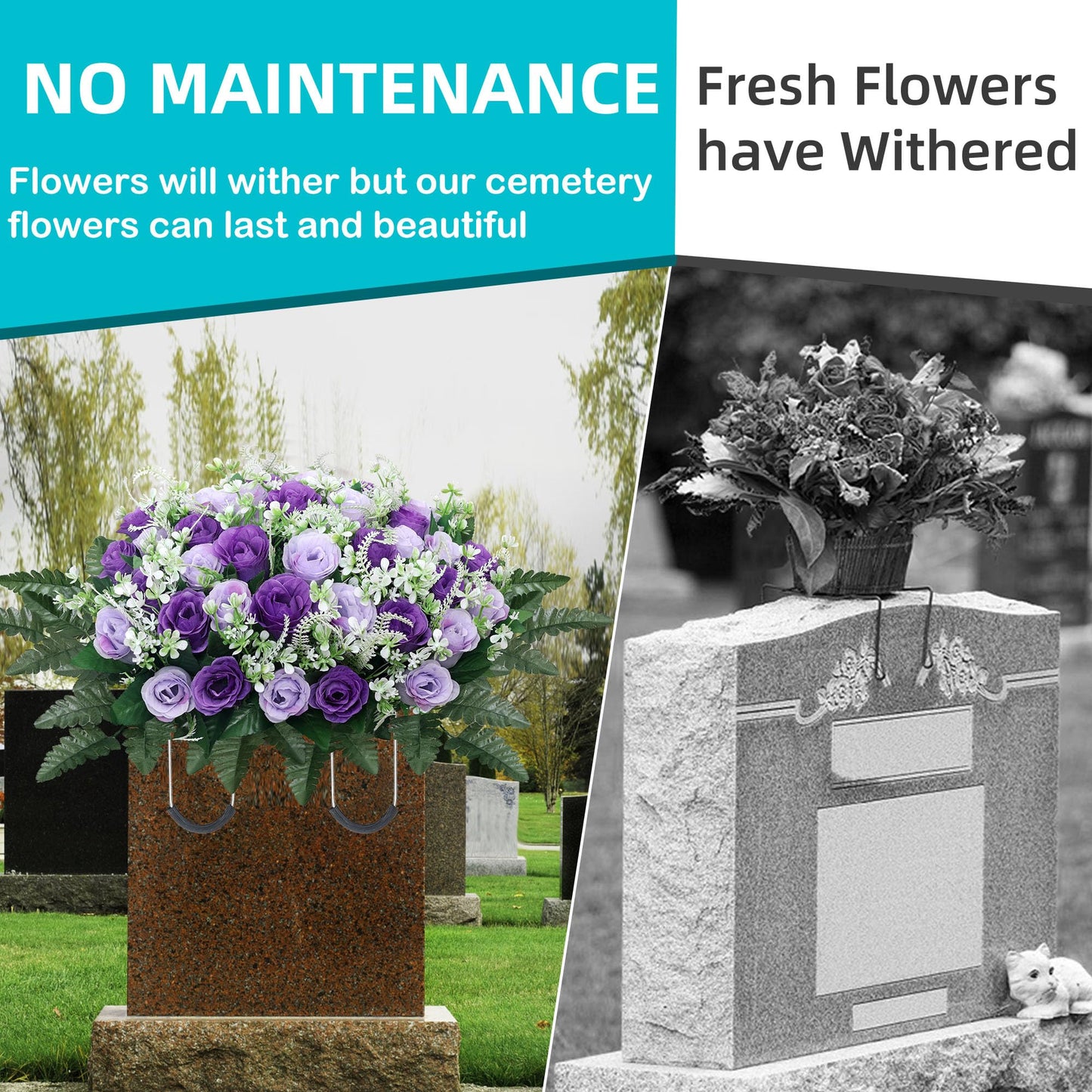 LOSFOTBO Headstone Flower Saddle,Large Artificial Cemetery Flowers for Grave,Cemetery Memorial Flowers for Outdoor Tombstone Decorations (Purple)
