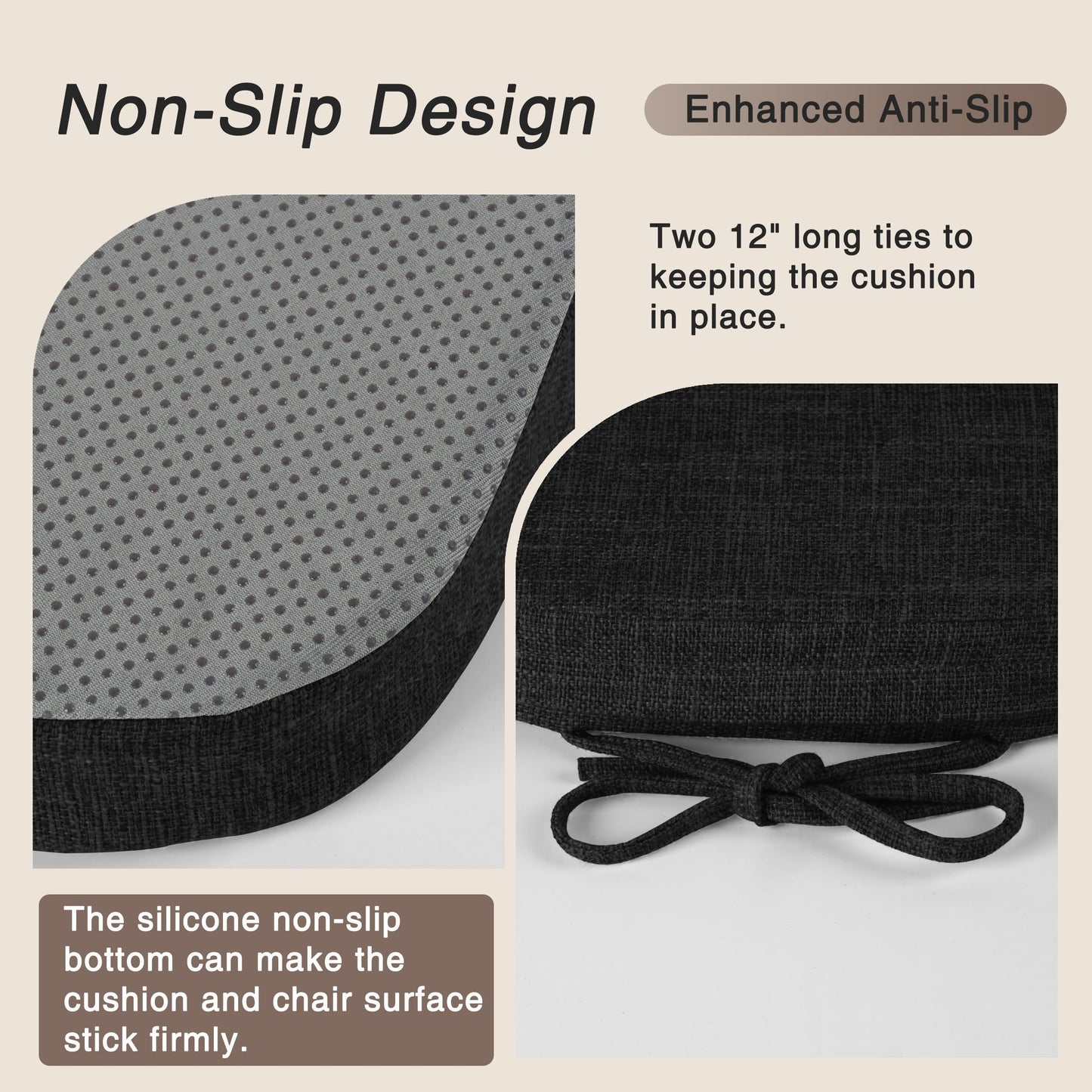 OVOV 14x14 Chair Cushions for Metal Dining Chairs Set of 4 Non Slip Thick Textured Chair Pads for Dining Chairs with Ties and Removable Cover (4, Black)