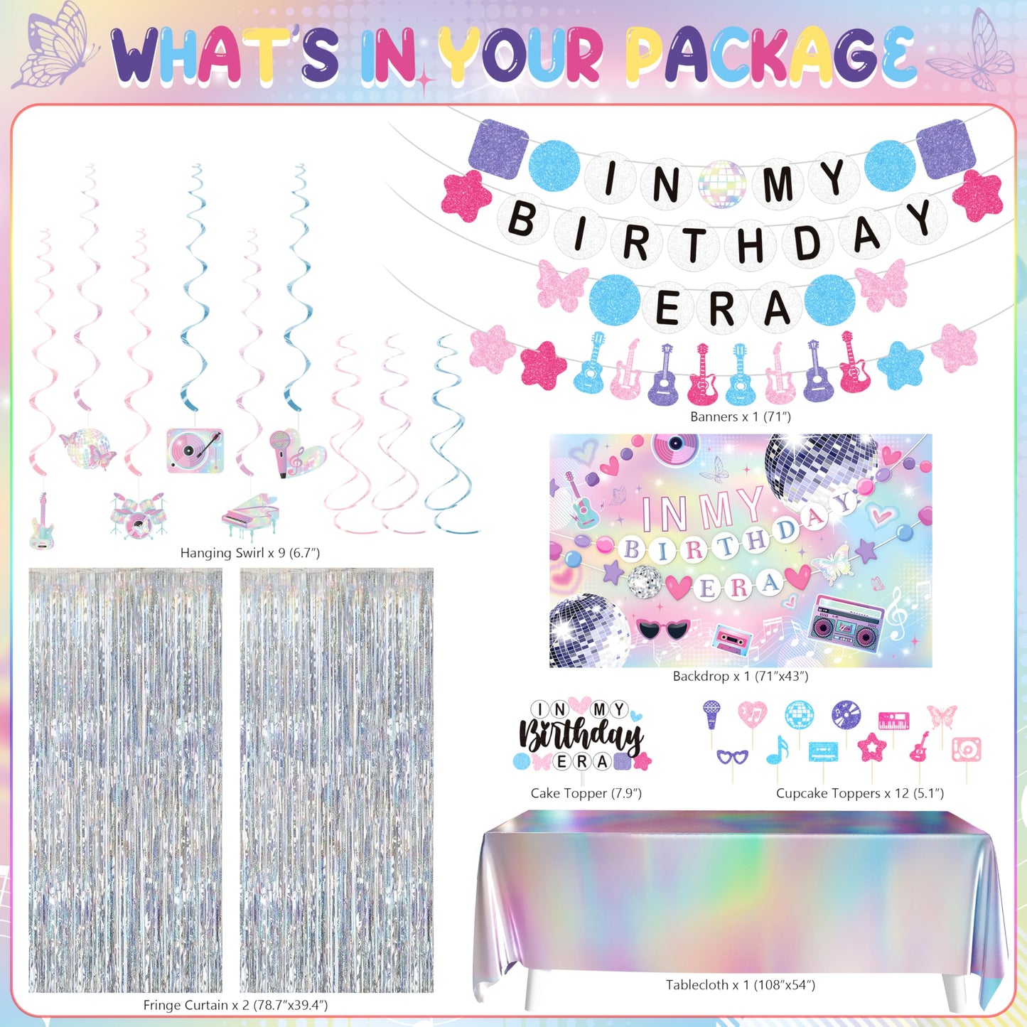 In My Birthday Era Decorations, Music Birthday Decorations, Popular Singer Theme Party Supplies for Girls Pink Purple Balloon Arch Friendship Bracelet Garland Backdrop Cake Toppers Hanging Swirls