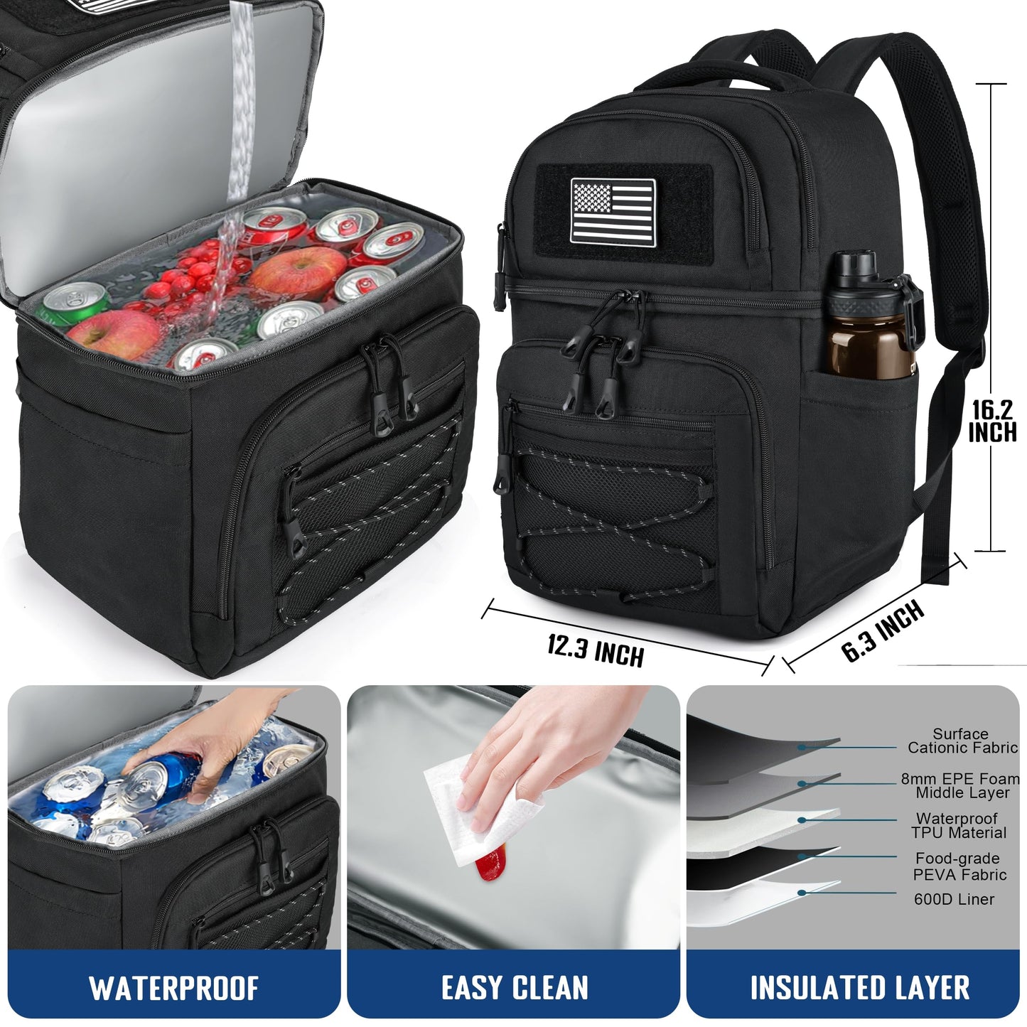 MOZETO Lunch Cooler Backpack Double Deck Lunch Box Backpack Insulated Leakproof Compartments Coolers Bag for Beach Travel Picnic Lunch Hiking BBQ Camping