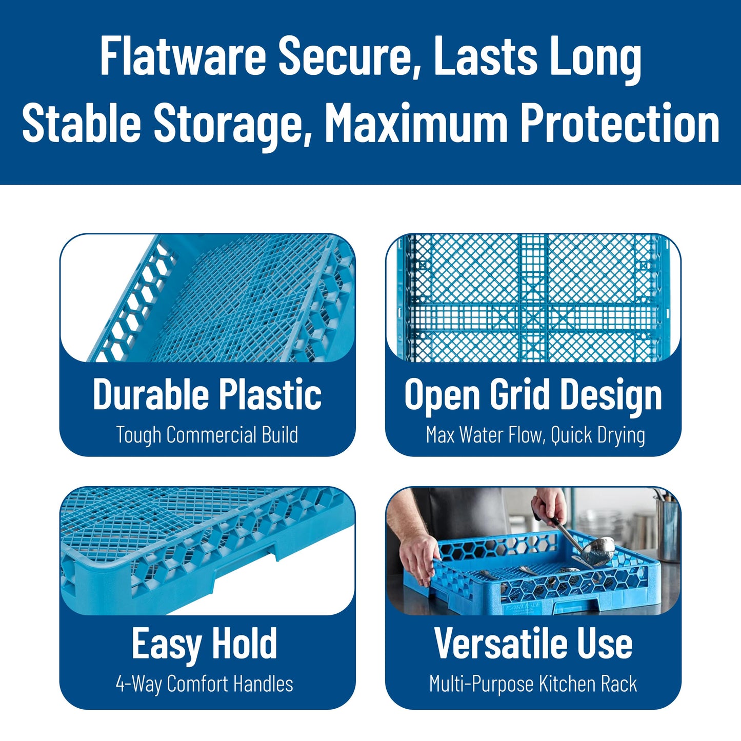 Carlisle FoodService Products OptiClean Combination Flatware Rack for Commercial Dishwashers – Open Bottom Grid Design, Holds Flatware, Ramekins, and Smallwares, 19.75" x 19.75", Blue