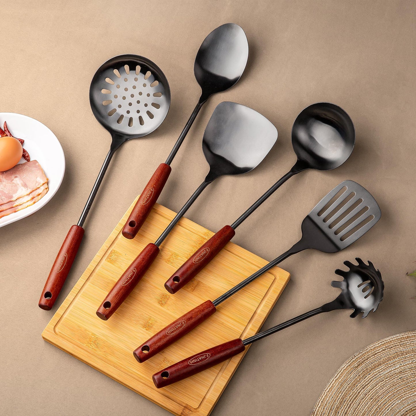 FJNATINH 304 Stainless Steel Kitchen Utensil Sets - 6 PCS Wok Spatula Sets Cooking Utensil Tools Spatula, Soup Ladle, Skimmer Spoon, Slotted Spatula Tunner, Spaghetti Spoon, Large Spoon