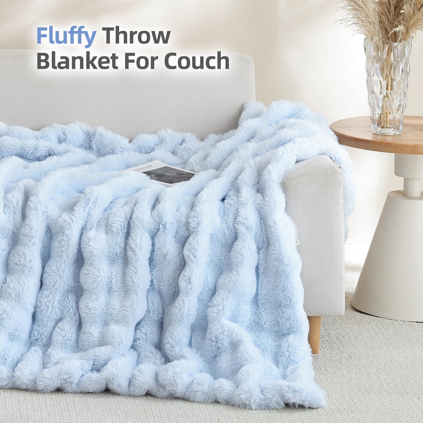 Smoofy Faux Fur Throw Blanket for Couch - Light Blue Super Soft Cozy Bubble Blanket, Fluffy Plush Fuzzy Throw for Sofa & Bed, Thick Lightweight Warm Blanket, Luxury Aesthetic Gift for Women 60"x80"