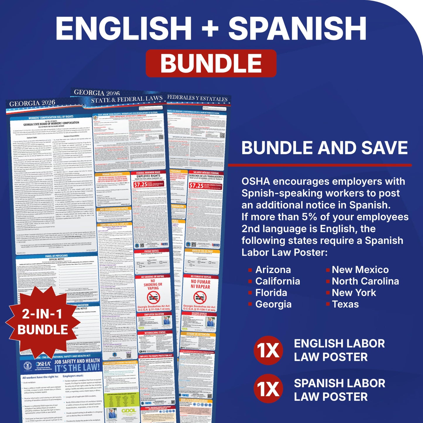 2026 Georgia State and Federal Labor Law Poster - English Spanish Combo - OSHA Workplace Compliant - Mandatory Regulations All-In-One Required Compliance Posting for Employees - 17" x 40" - Laminated (English & Spanish Combo)