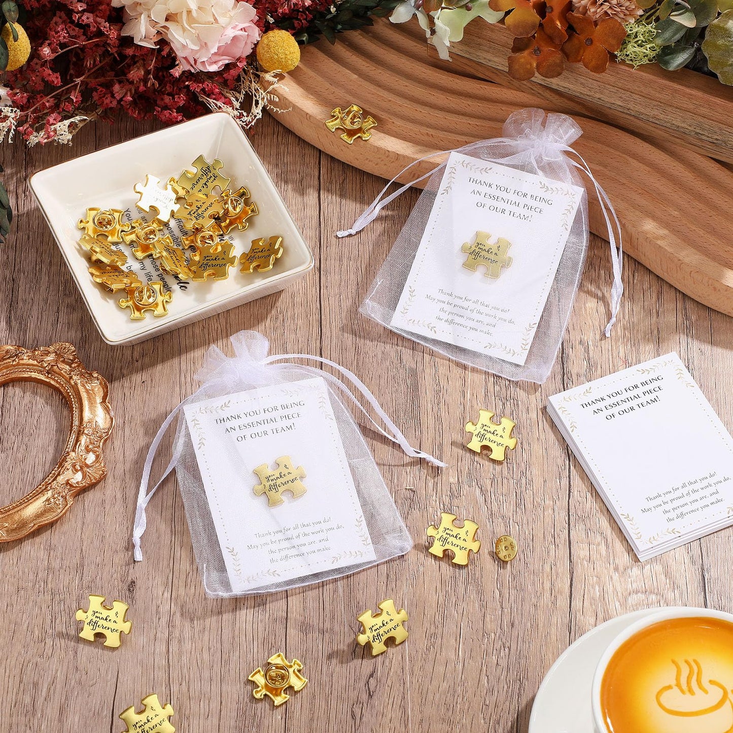Solsew 100 Sets Employee Appreciation Gifts Bulk Puzzle Piece Lapel Pin Thank You Card and Organza Bag Building Recognition Soccer Baseball Team Gift for Employee Office Staff Coworker (Difference)