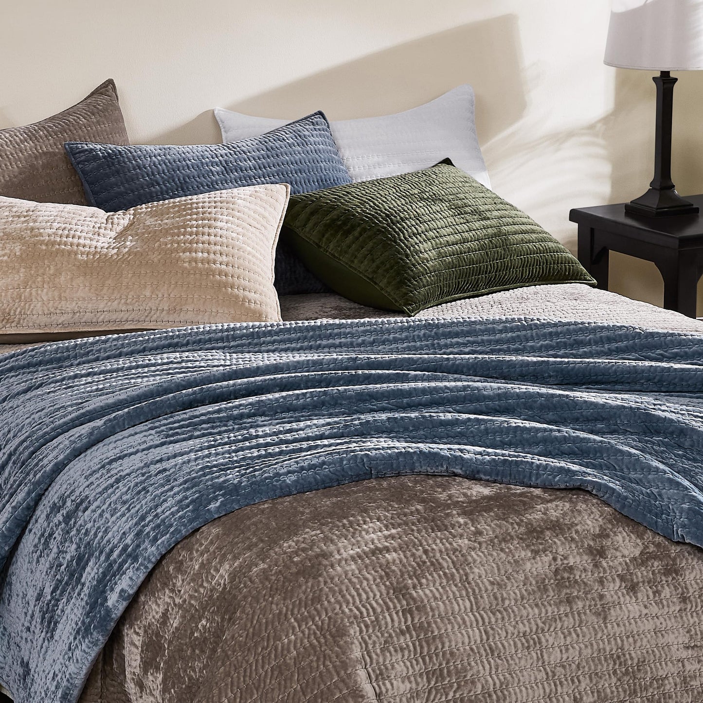 WDCOZY Velvet King Size Quilt Set - Brown Taupe Tan Camel Striped Pick Stitch Soft Lightweight Bedspread, Channel Farmhouse Country Rustic Coverlet, Modern Bedding Warm Thin Comforter, 3 Pieces