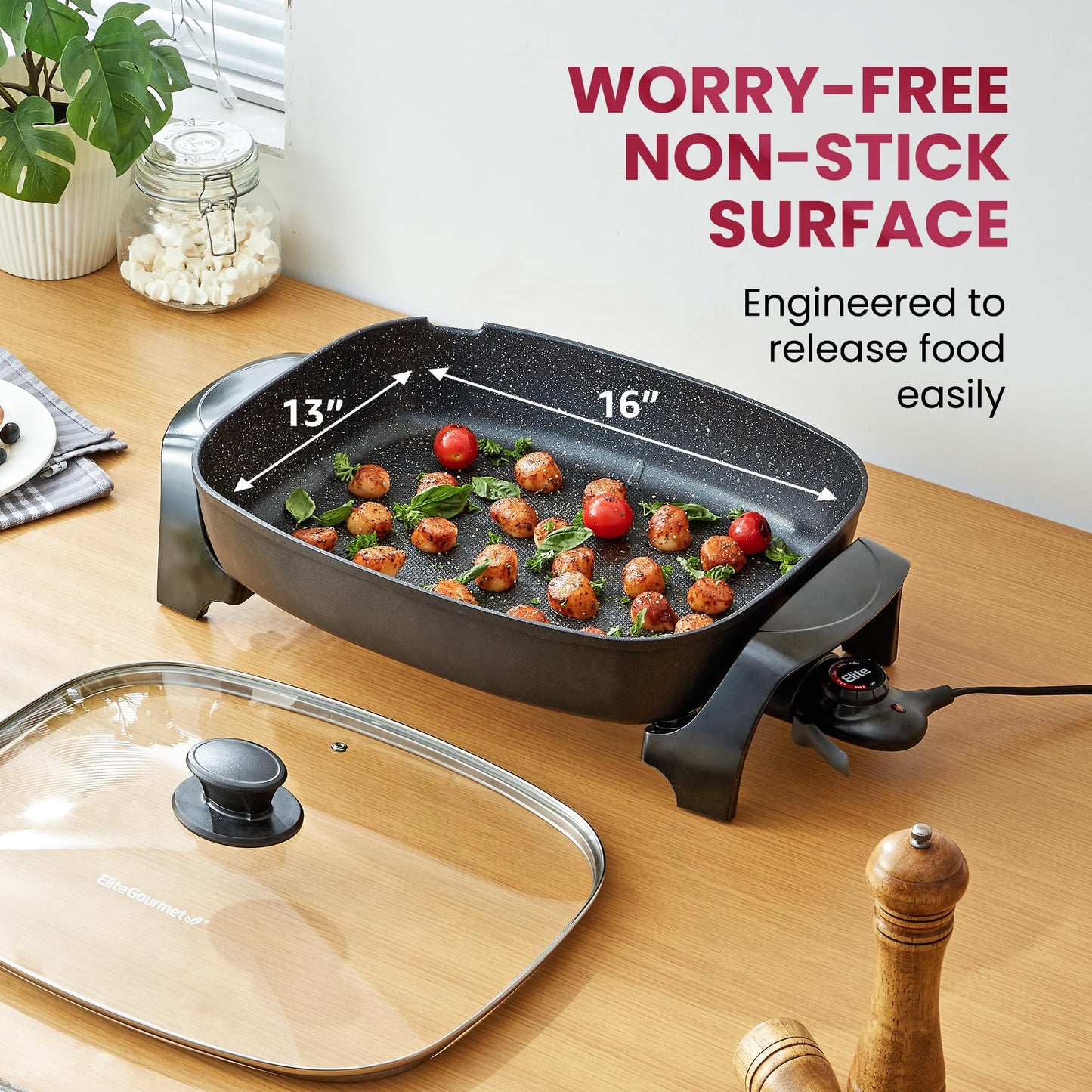 Elite Gourmet EG-6203# Extra Deep 16"x13" (10.5 Qt.) Non-Stick Electric Skillet with Glass Vented Lid & Pour Spout | Dishwasher Safe, Long-Lasting Non-Stick, 200-400°F | Serves 6-8, Black