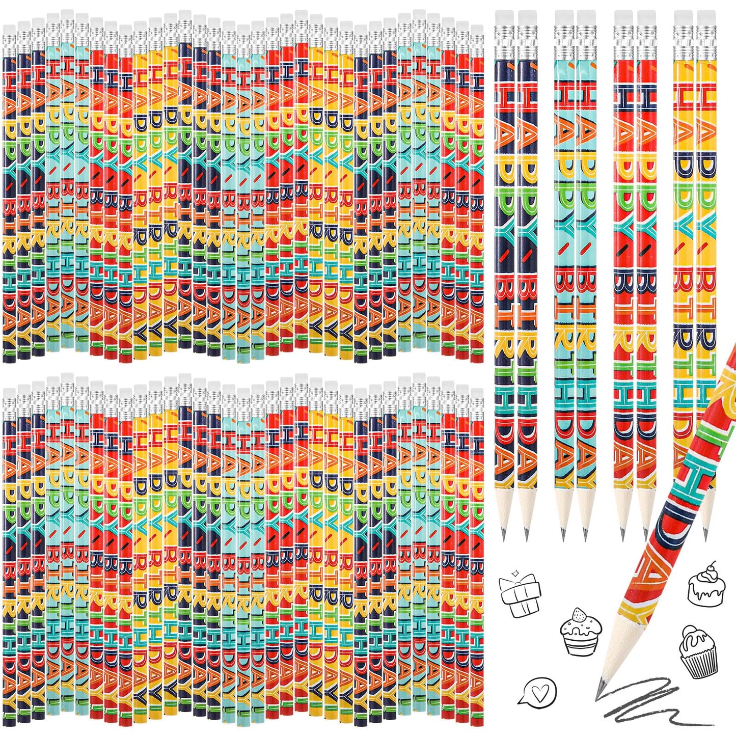 Kosiz 400 Pcs Happy Birthday Pencils for Students Colorful Printed Birthday Pencils Bulk with Top Erasers Wood Writing Instruments for Teachers Classroom Reward Party Kids Gifts Supplies