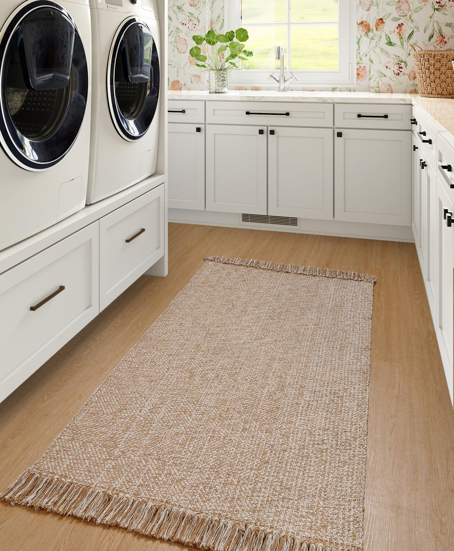 Collive Washable Area Rug 3' x 5', Modern Farmhouse Woven Kitchen Rugs, Tan/Cream Indoor Outddor Mat Braided Throw Carpet for Entryway Bedroom Nursery Laundry Living Room