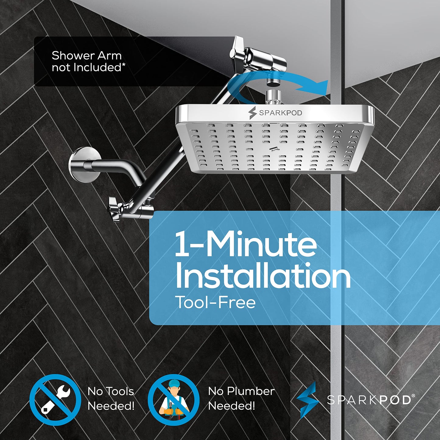 SparkPod Shower Head - High Pressure Rain - Premium Quality Luxury Design - Easy Clean Adjustable Replacement for Your Bathroom Shower Heads (Polished Chrome Finish, 8 Inch Square)